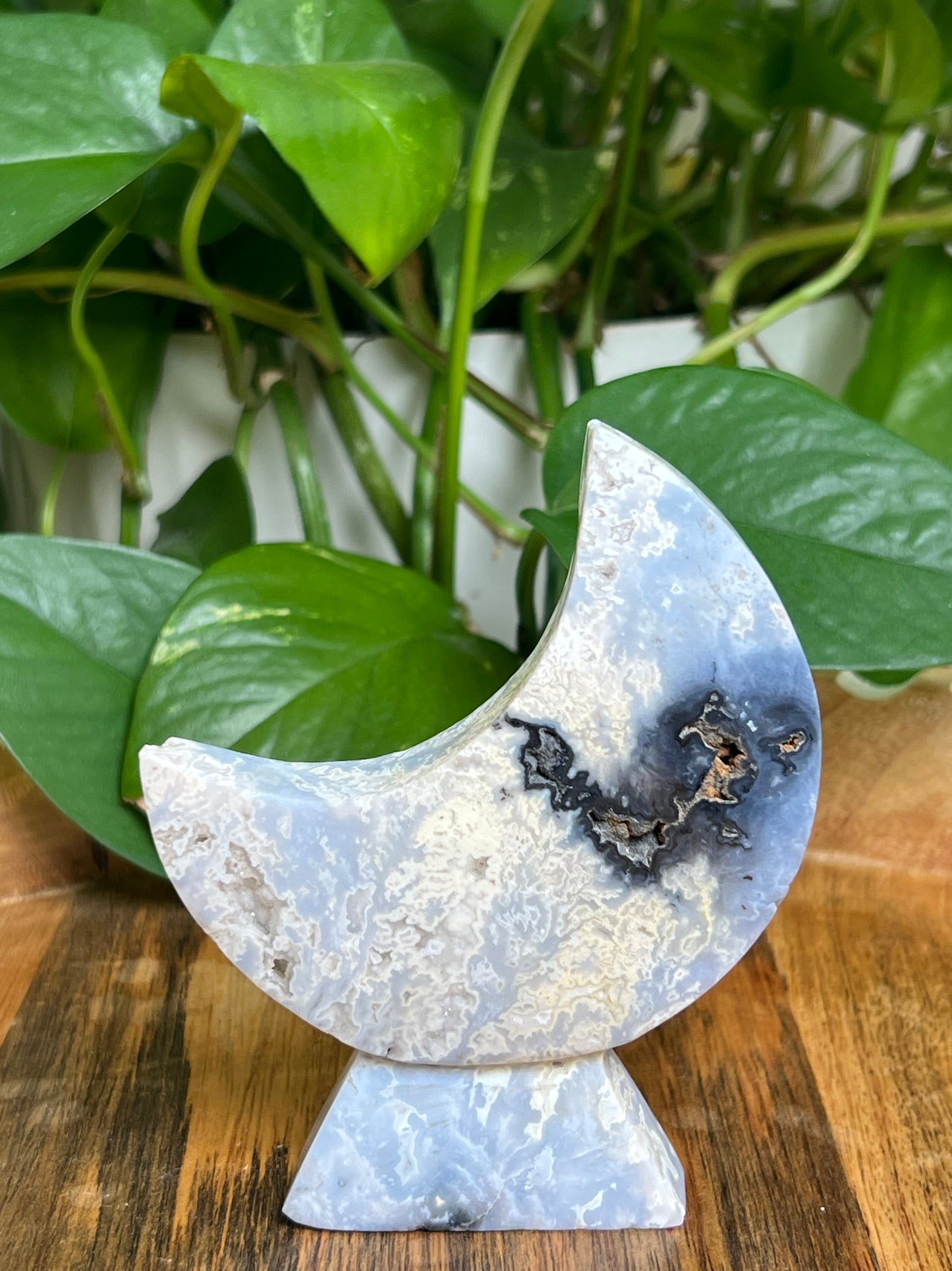 Blue Plume Agate Self-Standing Moon: LB