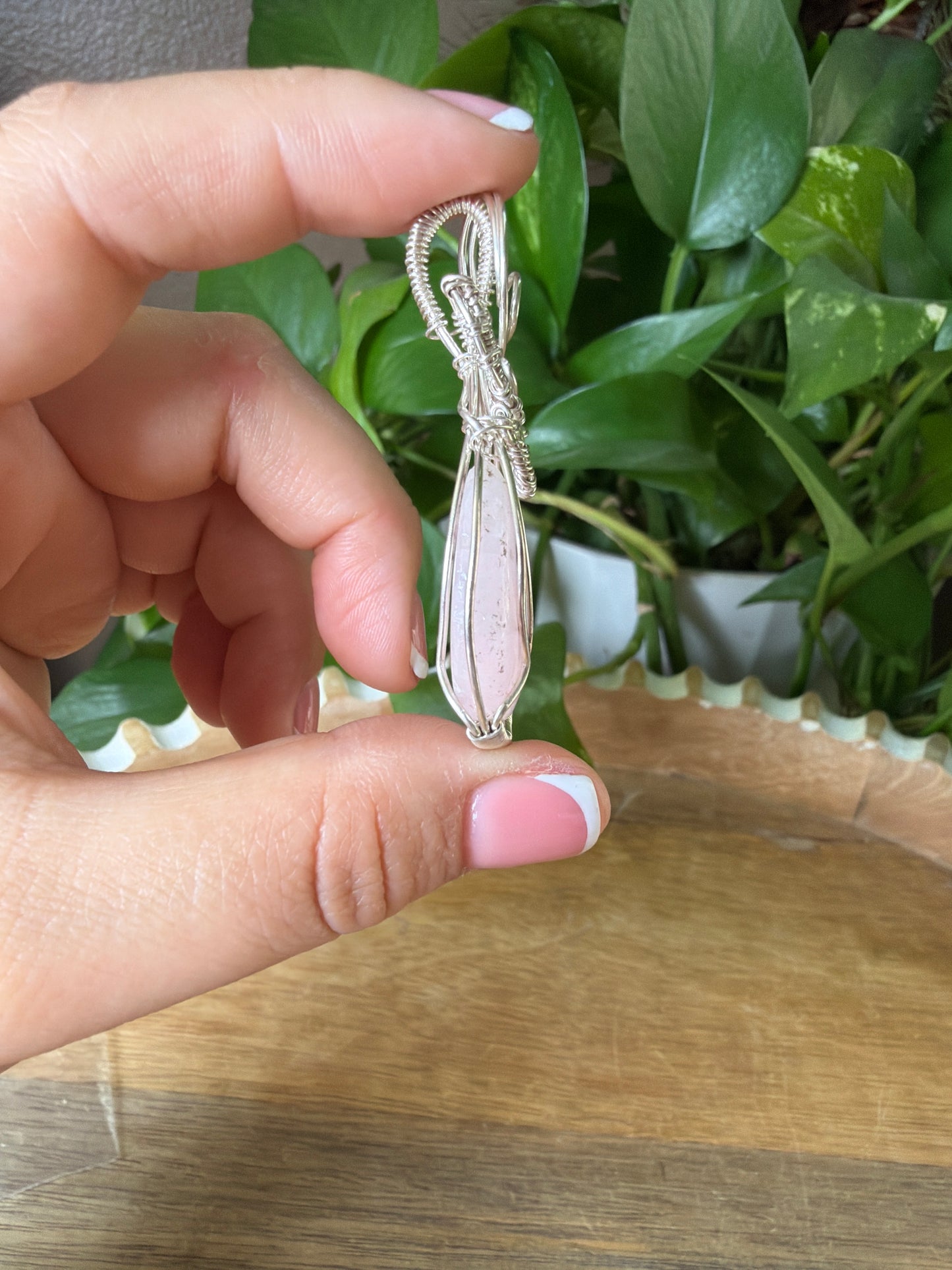 Rose Quartz Moon Wire Wrapped Necklace