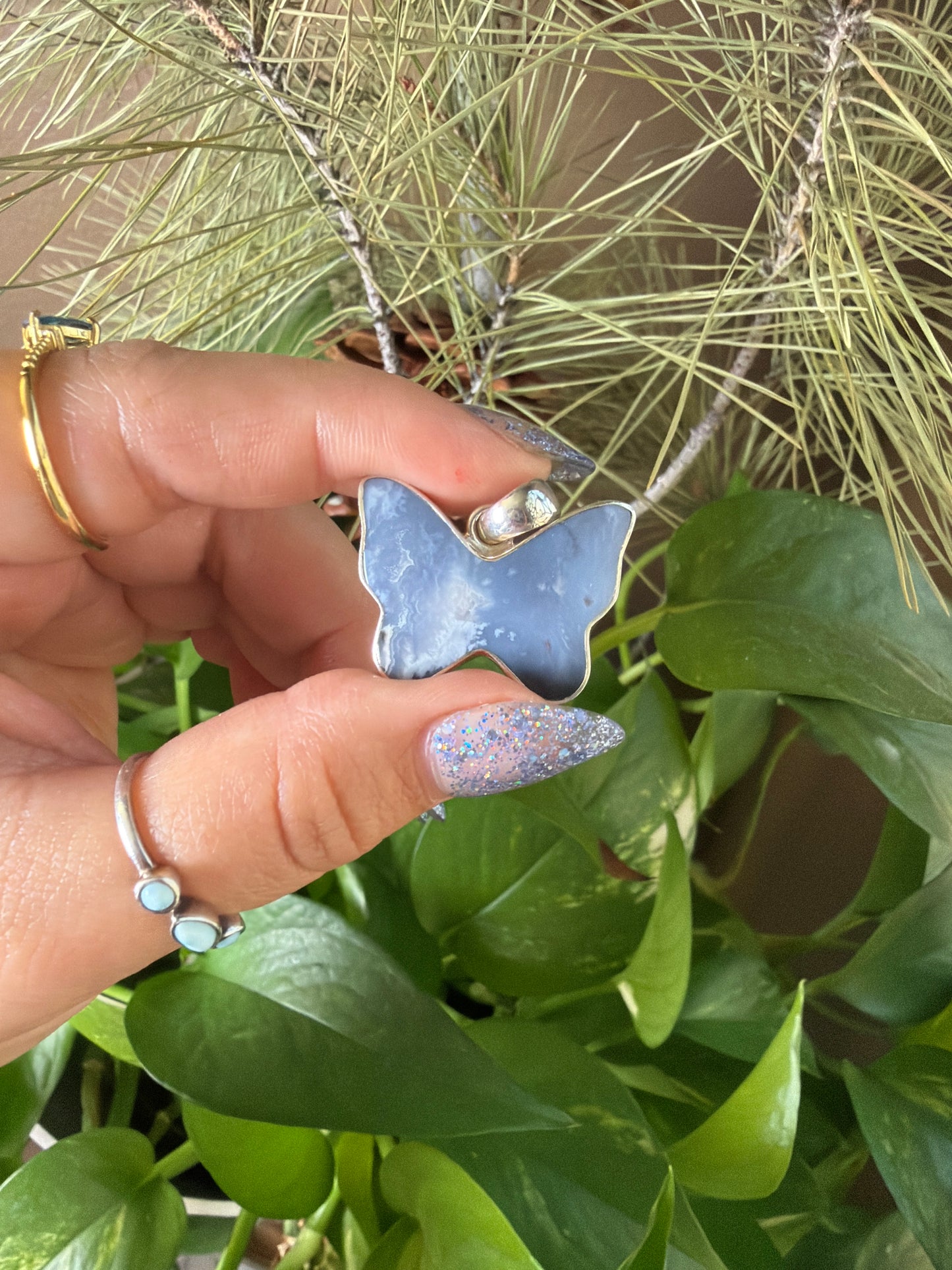 Blue Plume Agate Butterfly Necklace