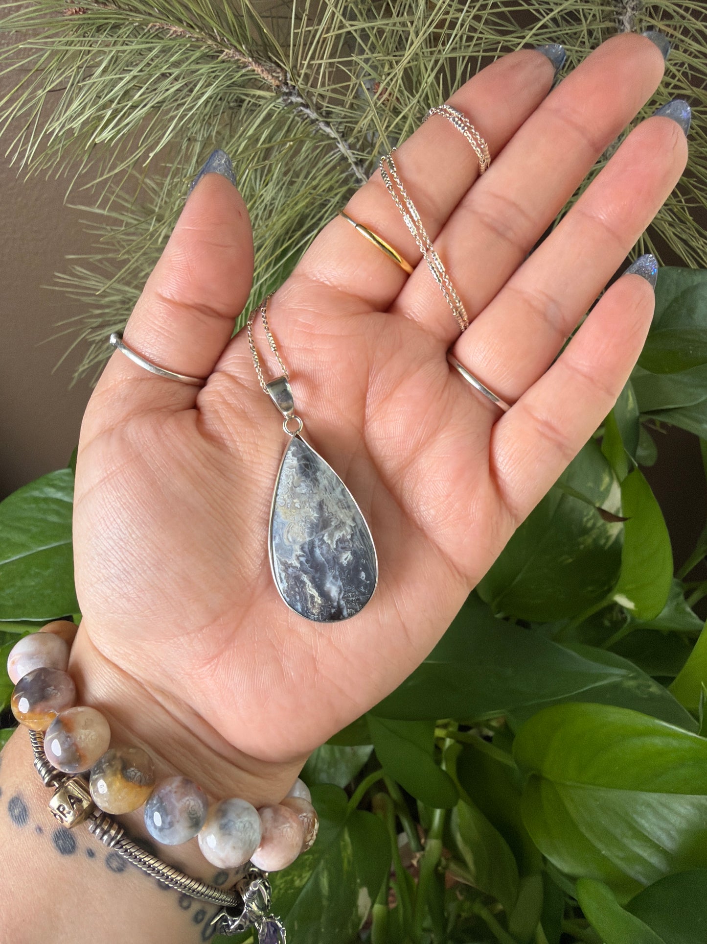 Blue Plume Agate Teardrop Necklace
