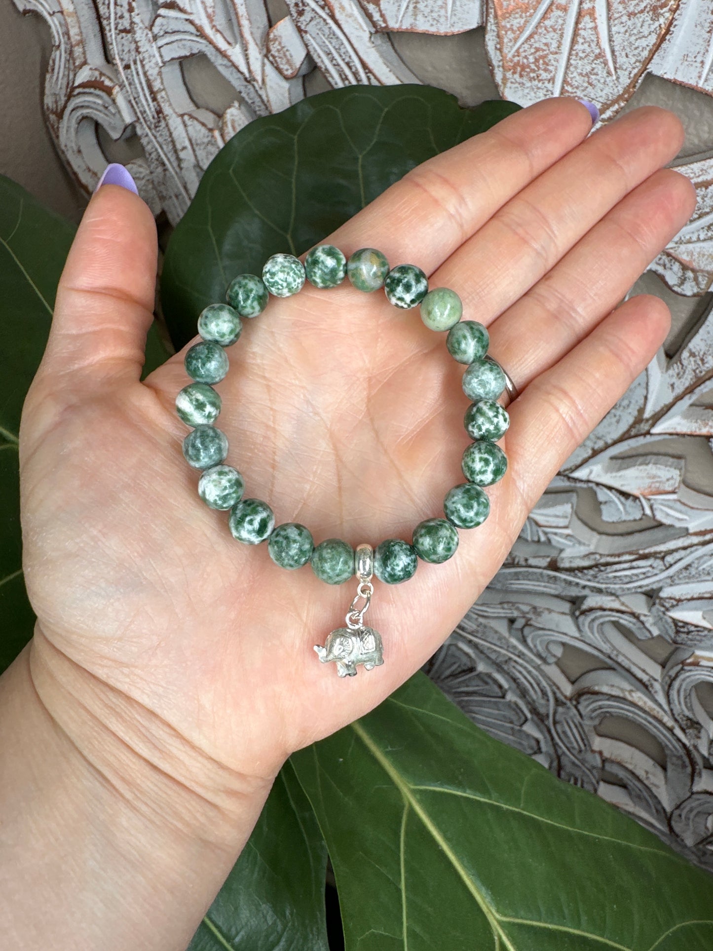 Tree Agate Beaded Bracelet + Silver Charm (8mm)
