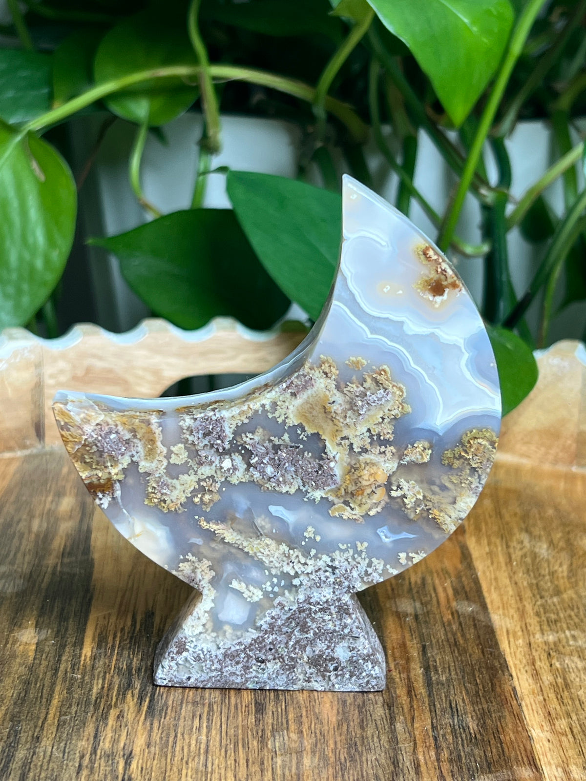 Scenic Moss Agate Self-Standing Moon: LF