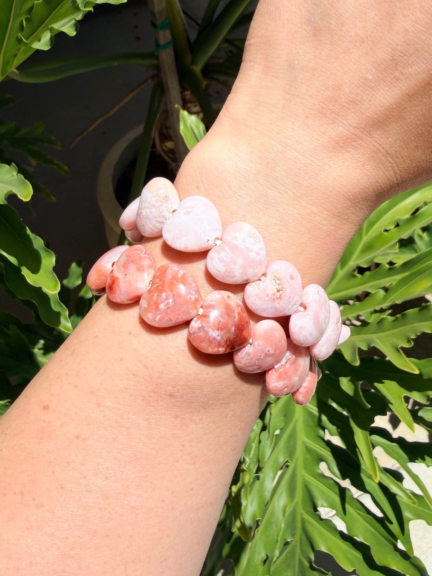 Pink Carnelian Heart Beaded Bracelet ( 17mm)