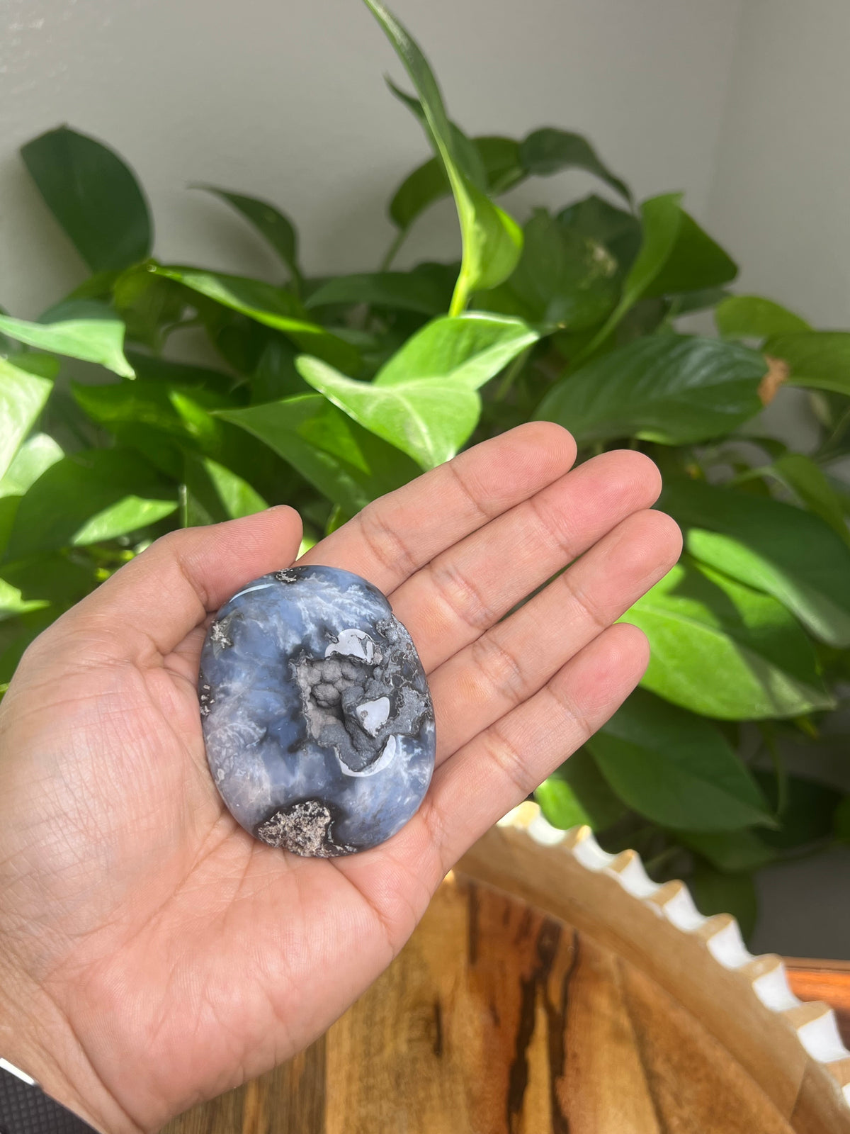 Blue Plume Agate Palmstone: BB