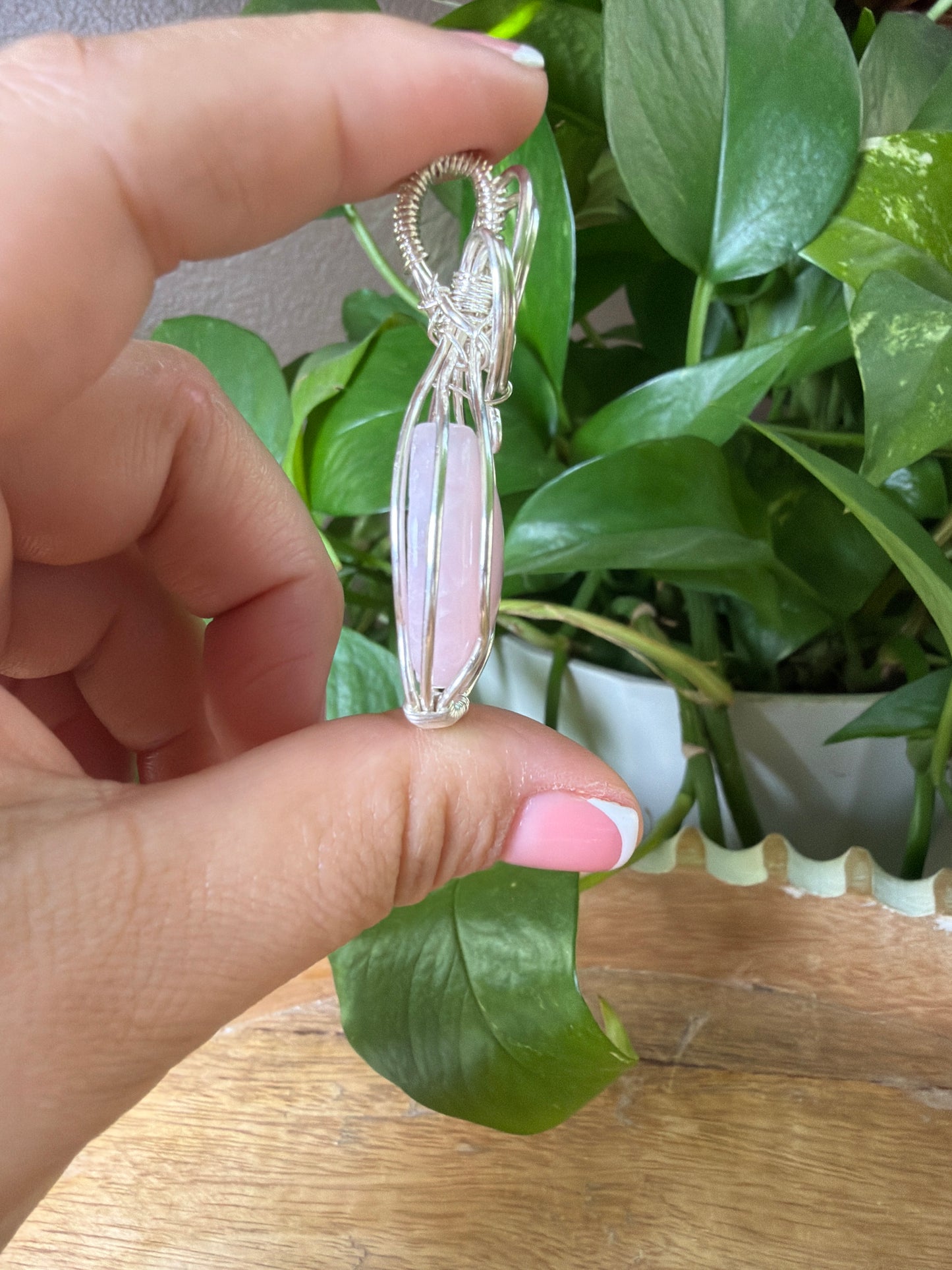Rose Quartz Moon Wire Wrapped Necklace