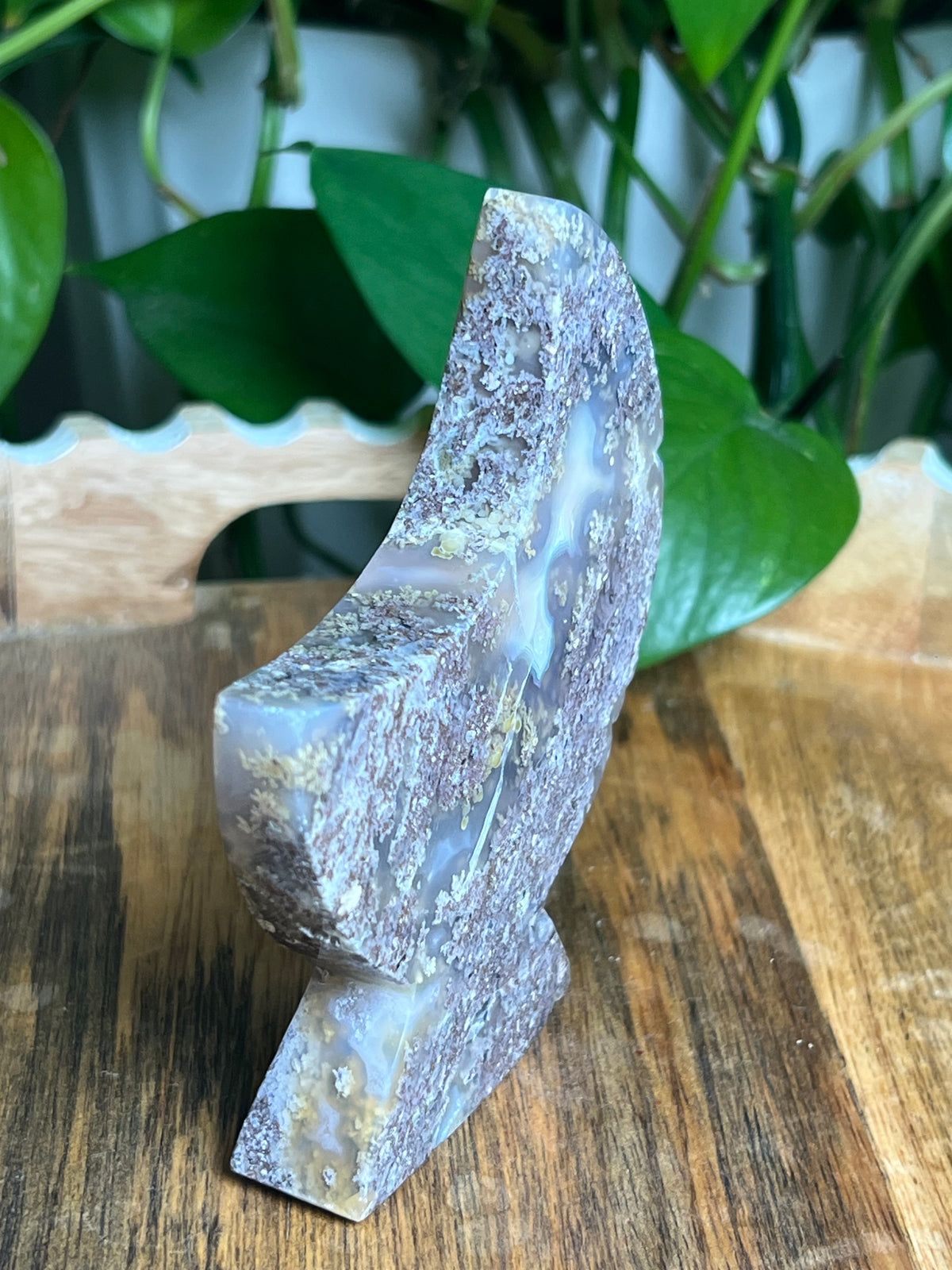 Scenic Moss Agate Self-Standing Moon: NX