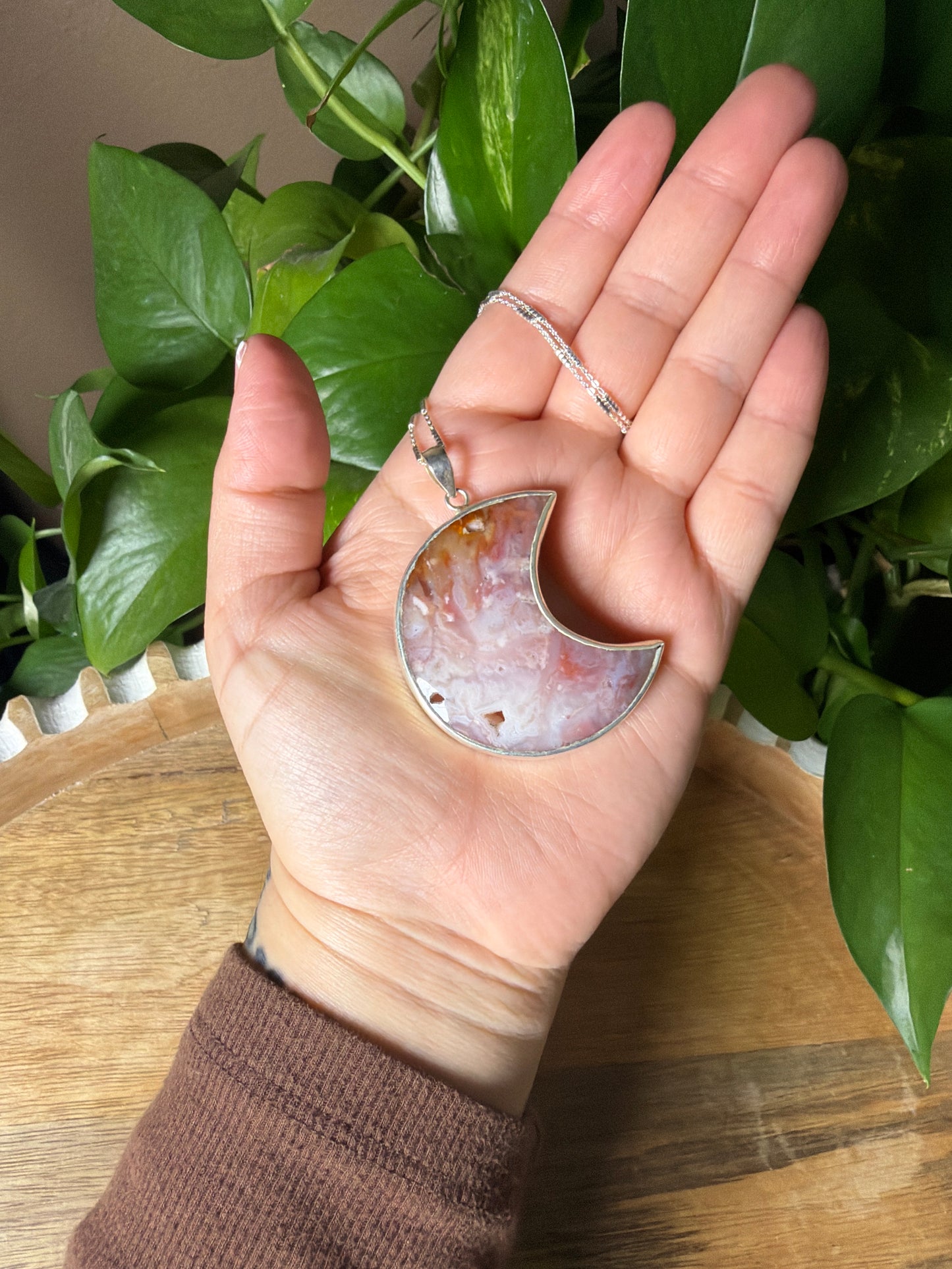 Large Rainbow Plume Agate Moon Pendant