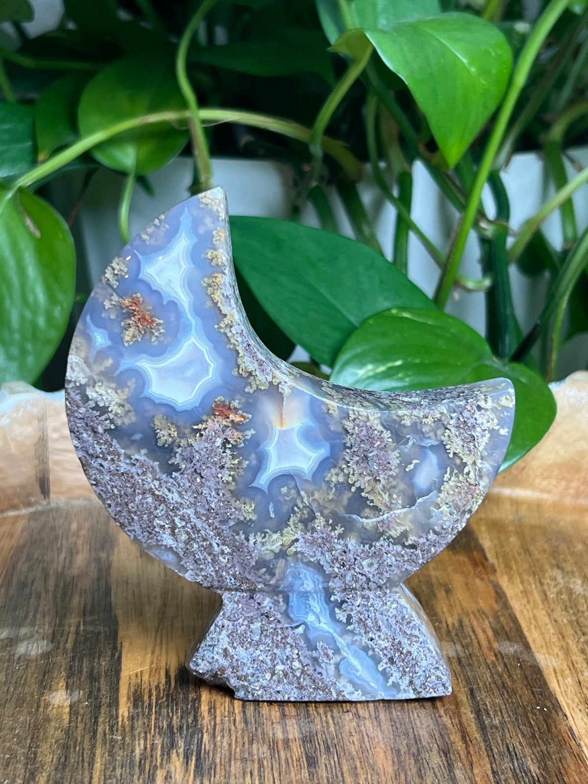 Scenic Moss Agate Self-Standing Moon: NX