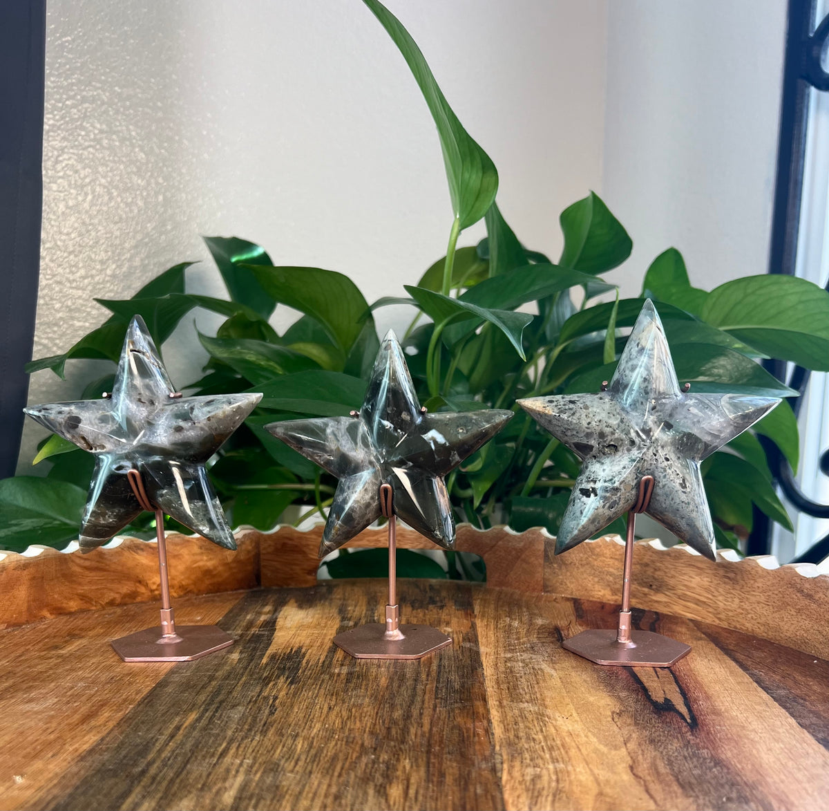 Blue Green Jasper On Metal Stand Stars