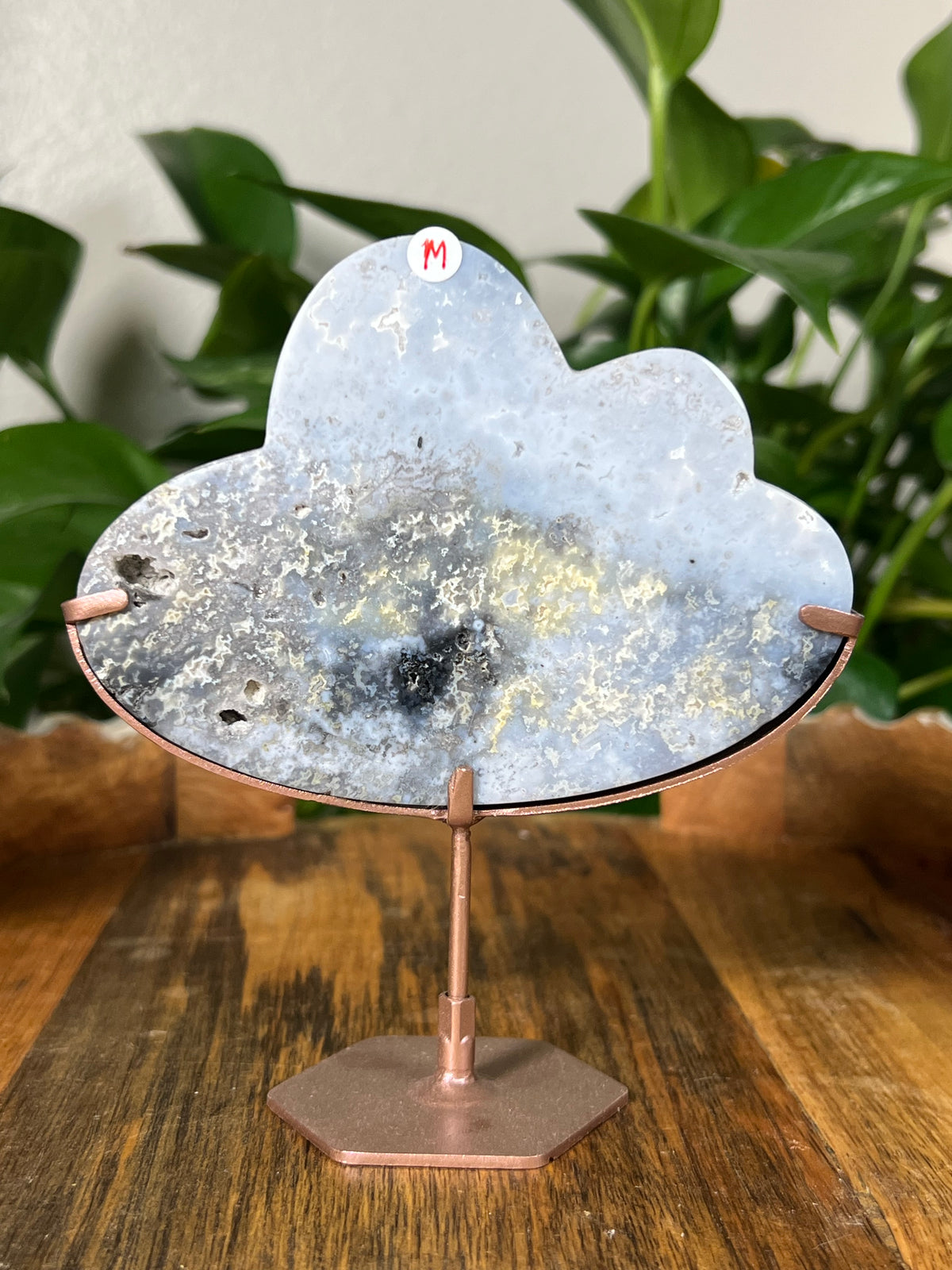 Blue Plume Agate On Metal Stand Clouds