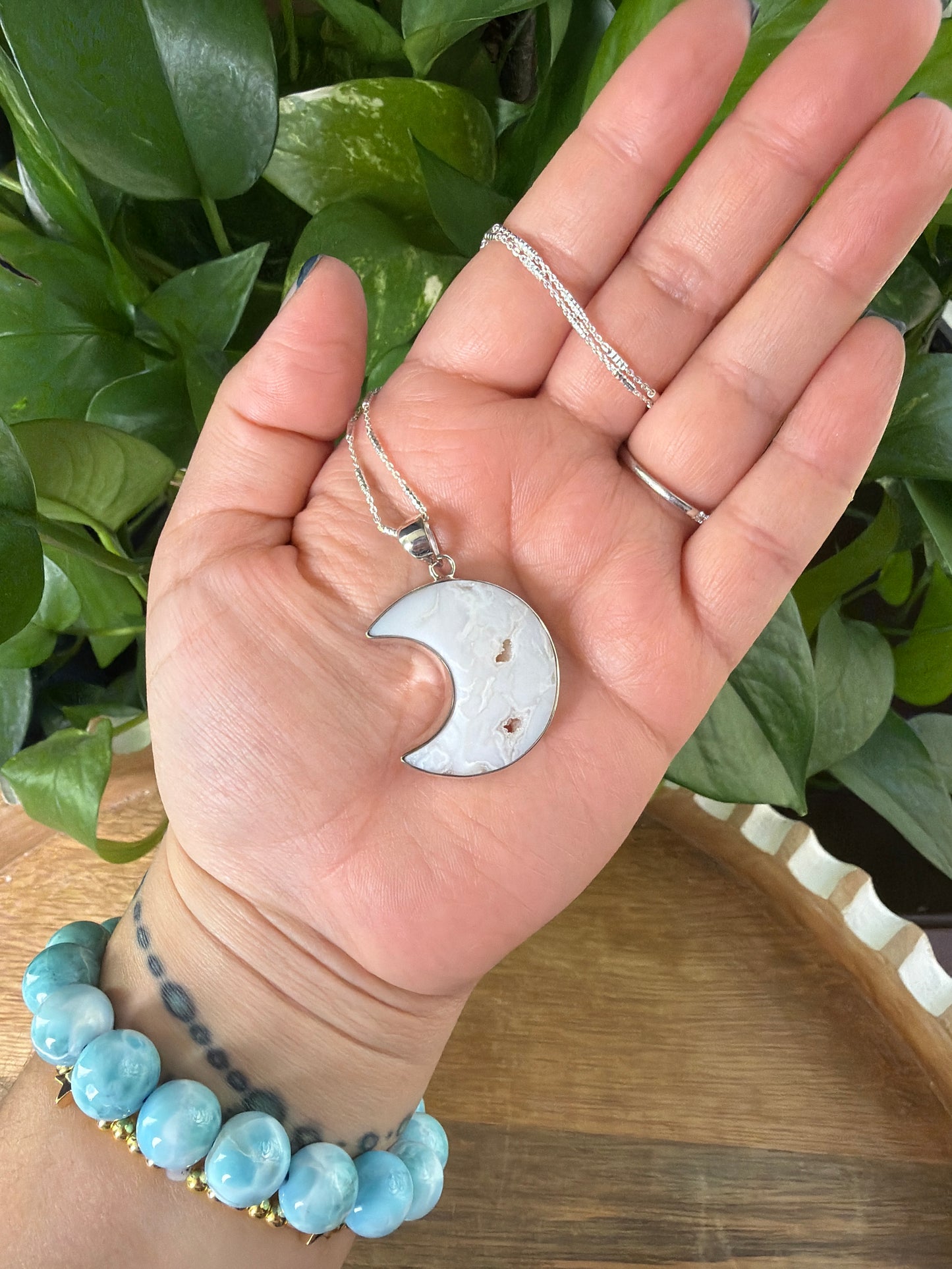 White Plume Agate Moon Pendant