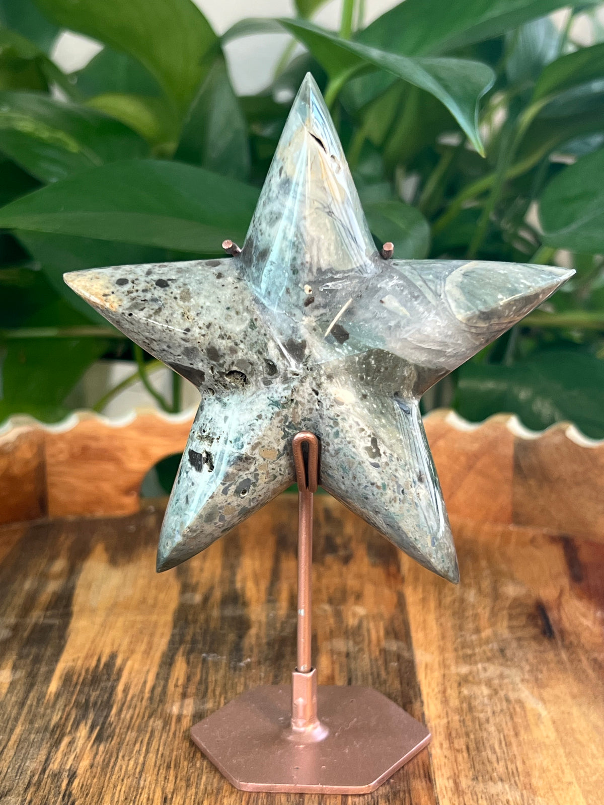 Blue Green Jasper On Metal Stand Stars