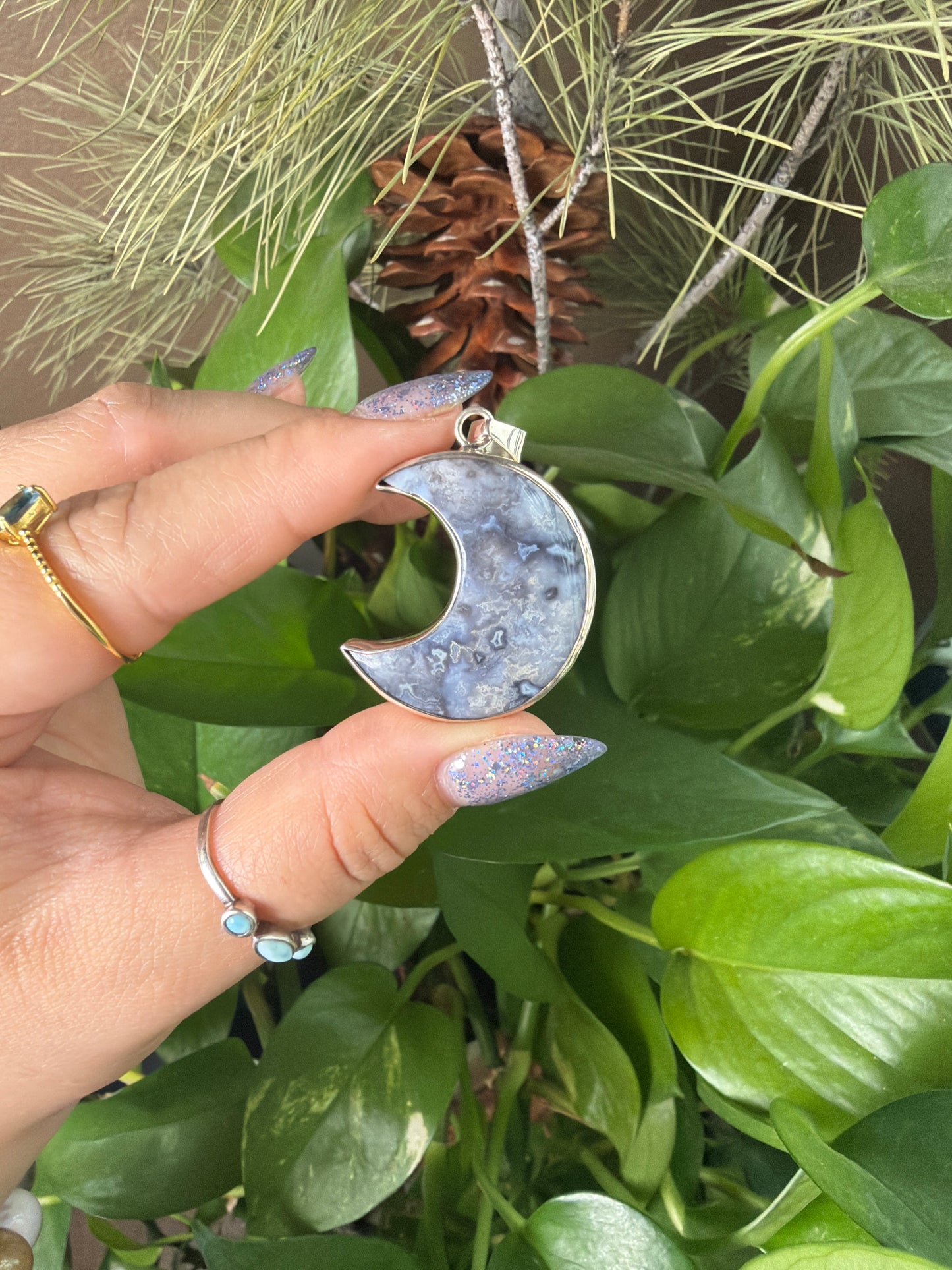 Blue Plume Agate Moon Necklace