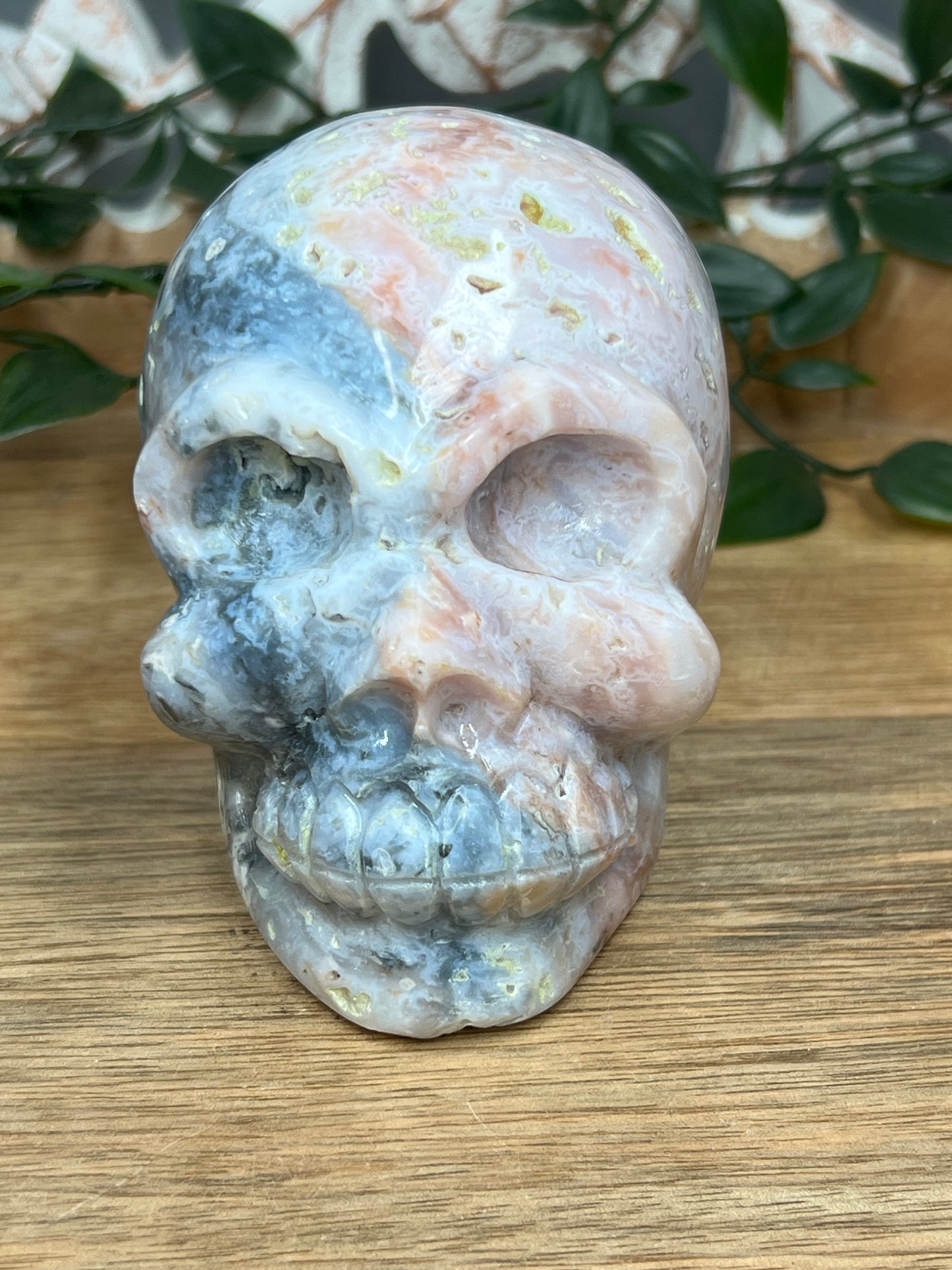 Rainbow Plume Agate Skull