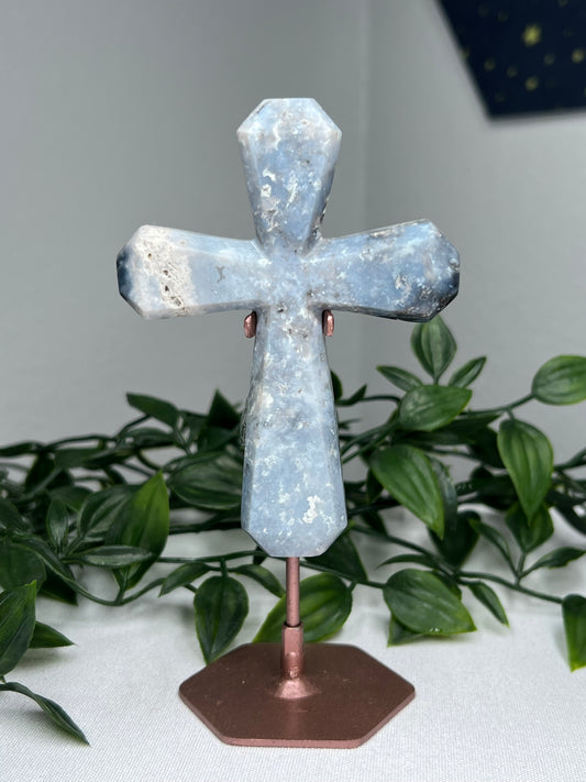 Blue Plume Agate Cross