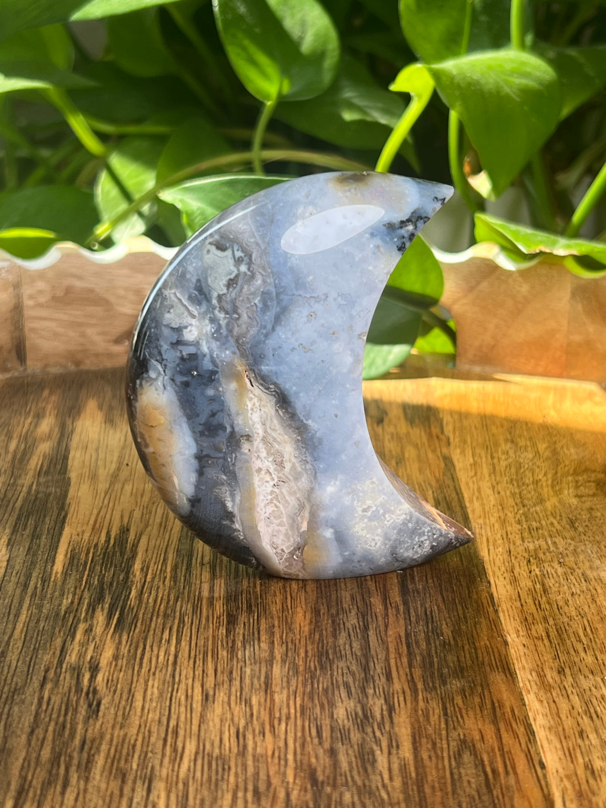 Blue Plume Agate Self- Standing Moon: BE