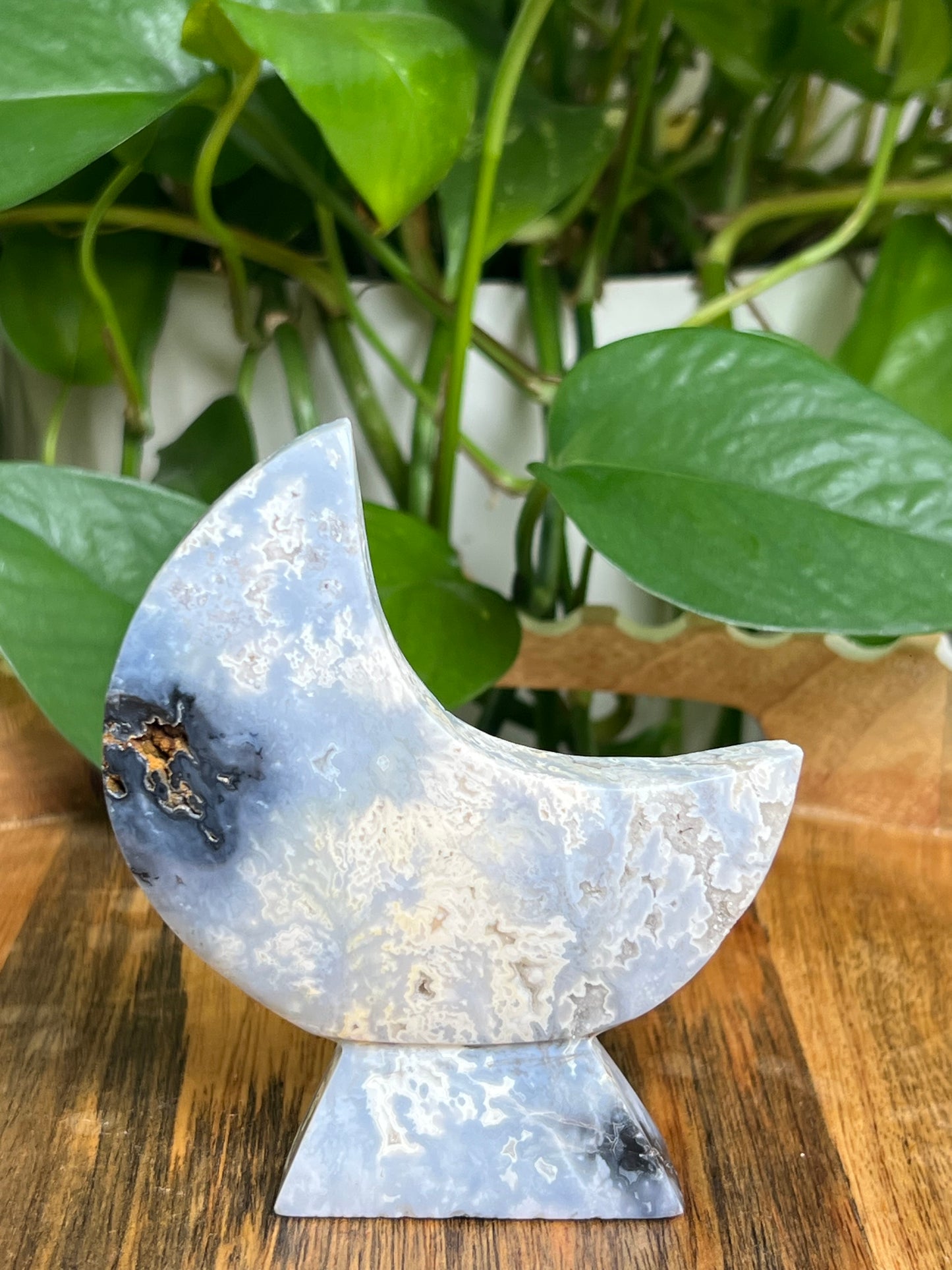 Blue Plume Agate Self-Standing Moon: LD