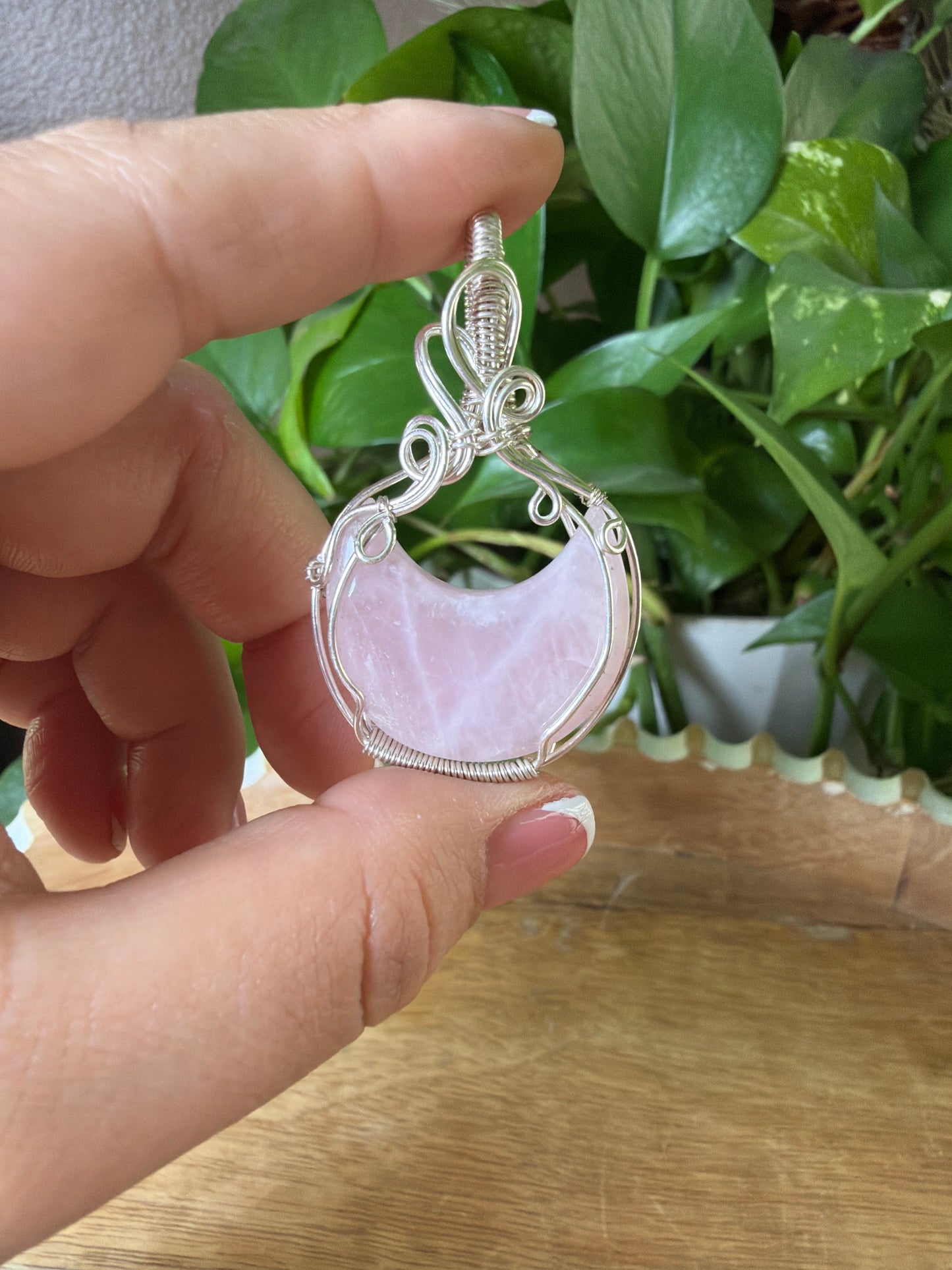 Rose Quartz Moon Wire Wrapped Necklace