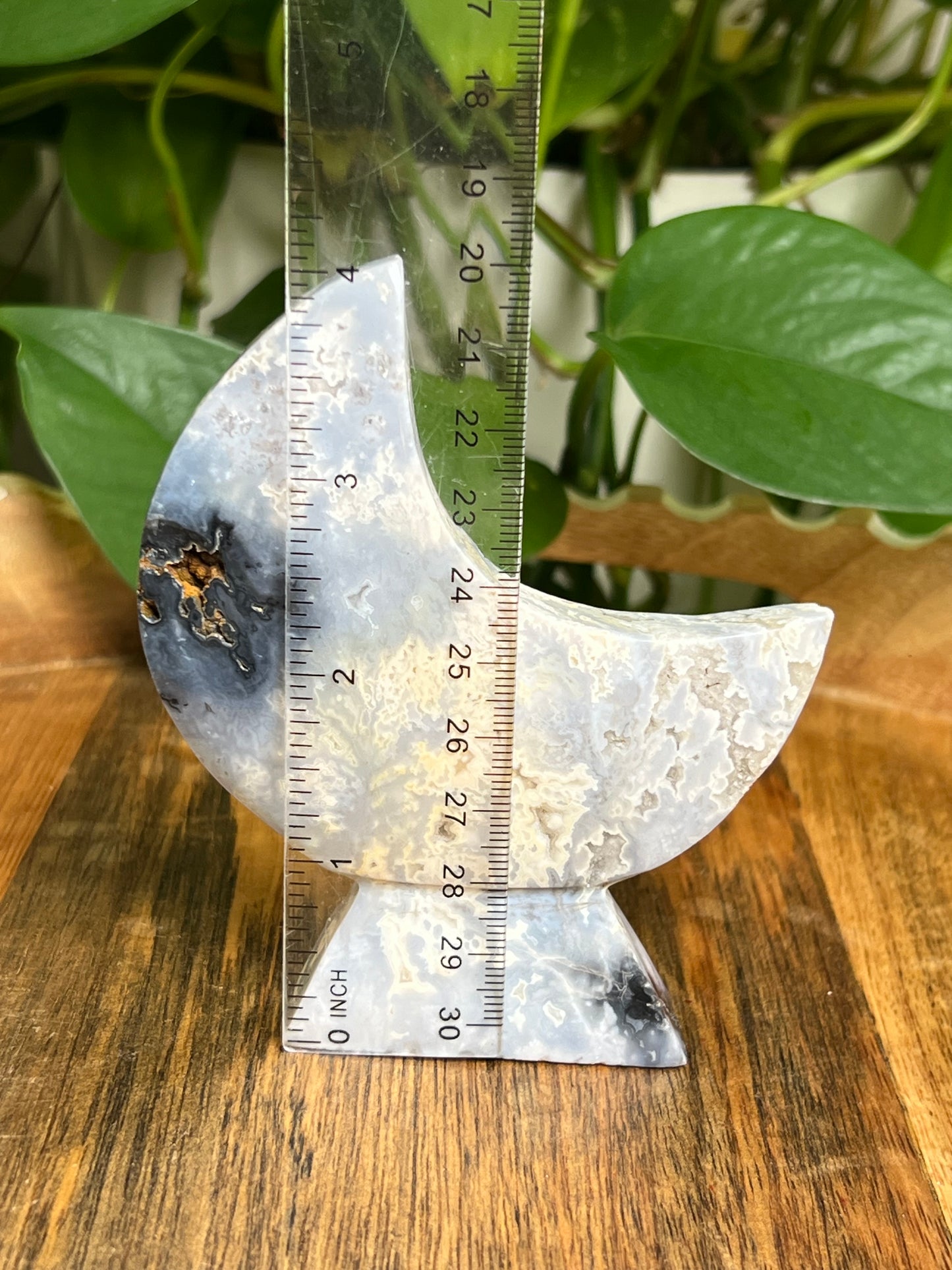 Blue Plume Agate Self-Standing Moon: LD