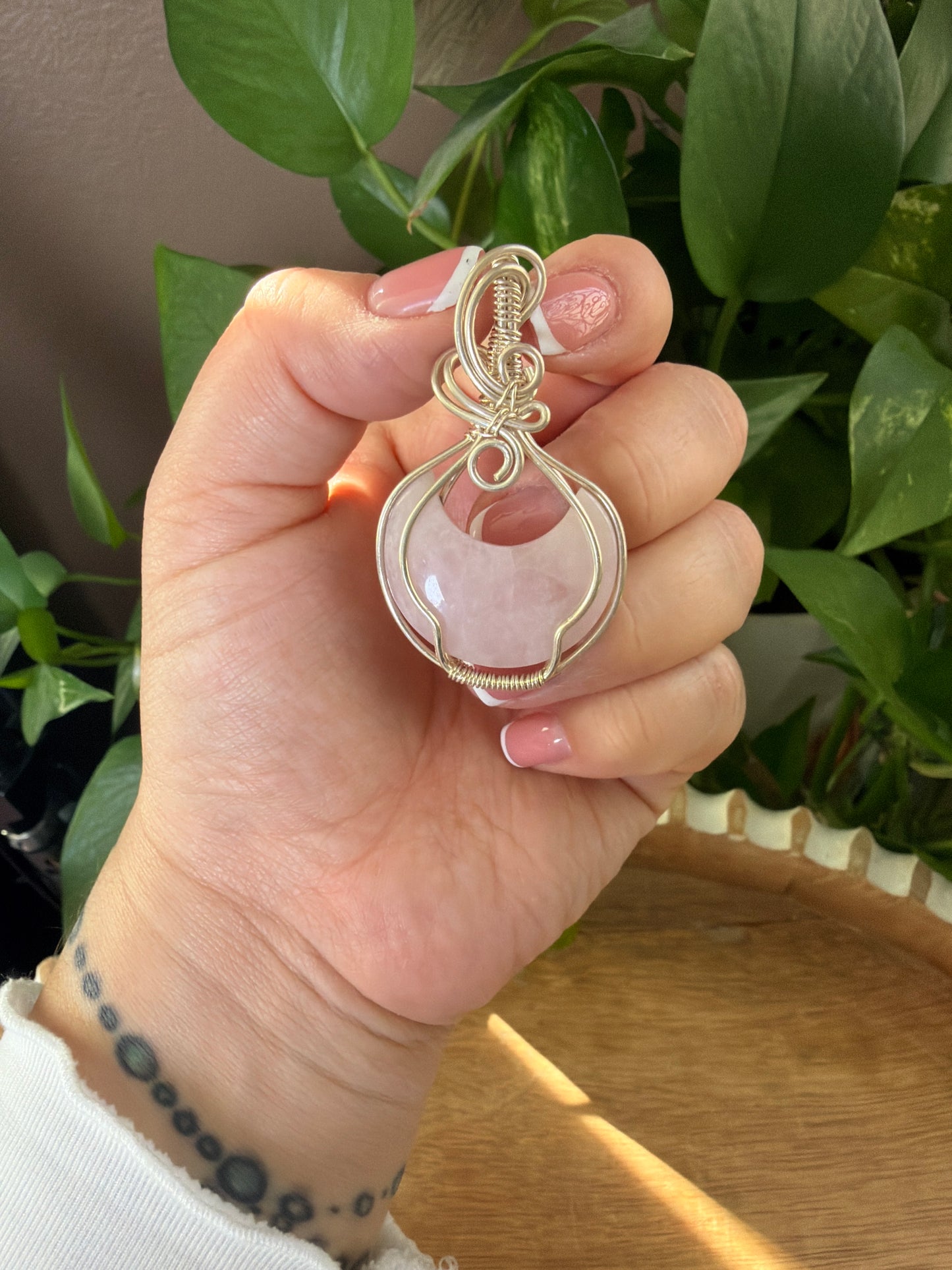 Rose Quartz Moon Wire Wrapped Necklace
