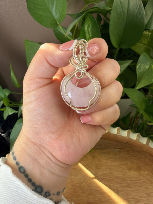 Rose Quartz Moon Wire Wrapped Necklace