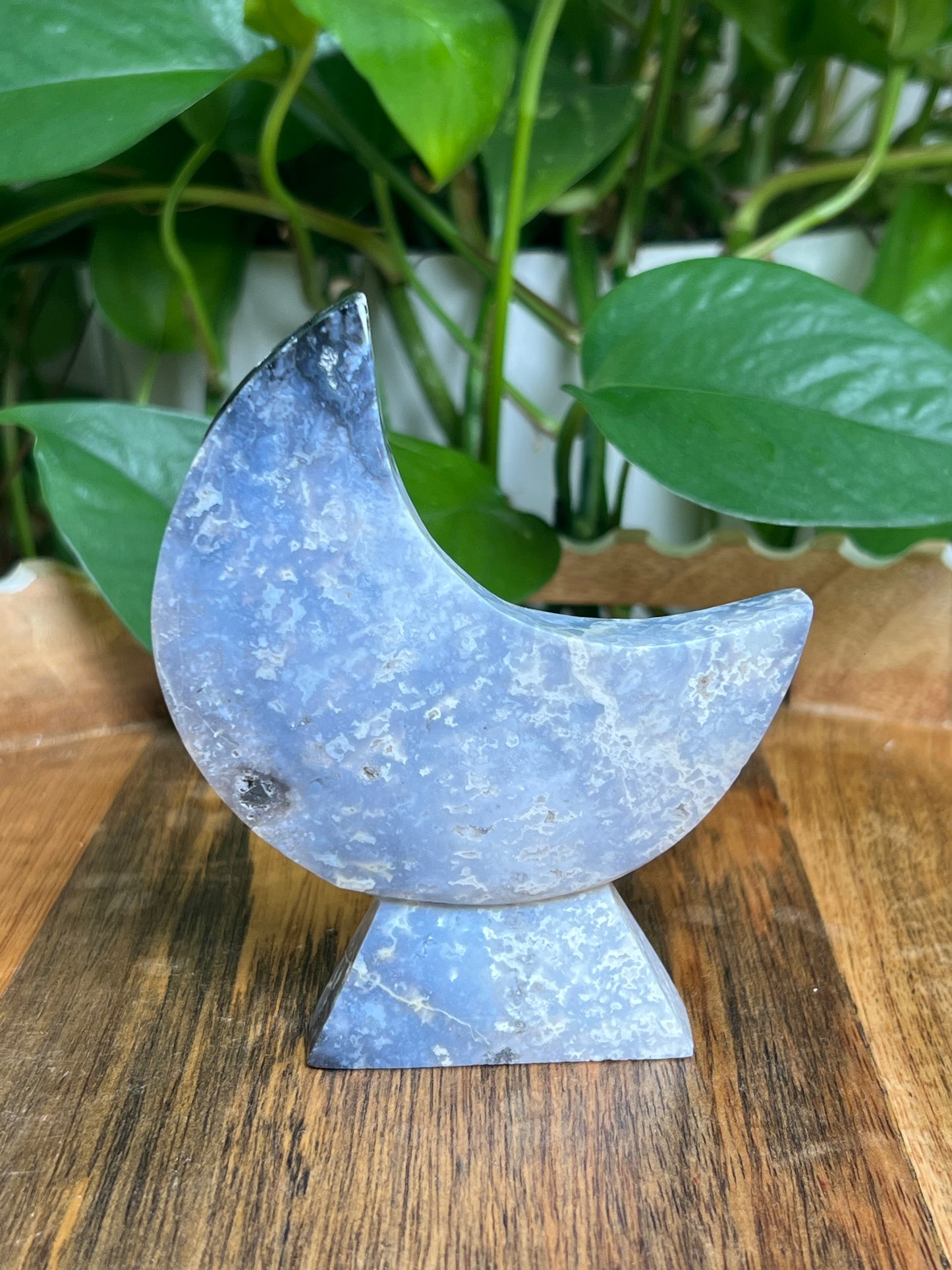 Blue Plume Agate Self-Standing Moon: LG