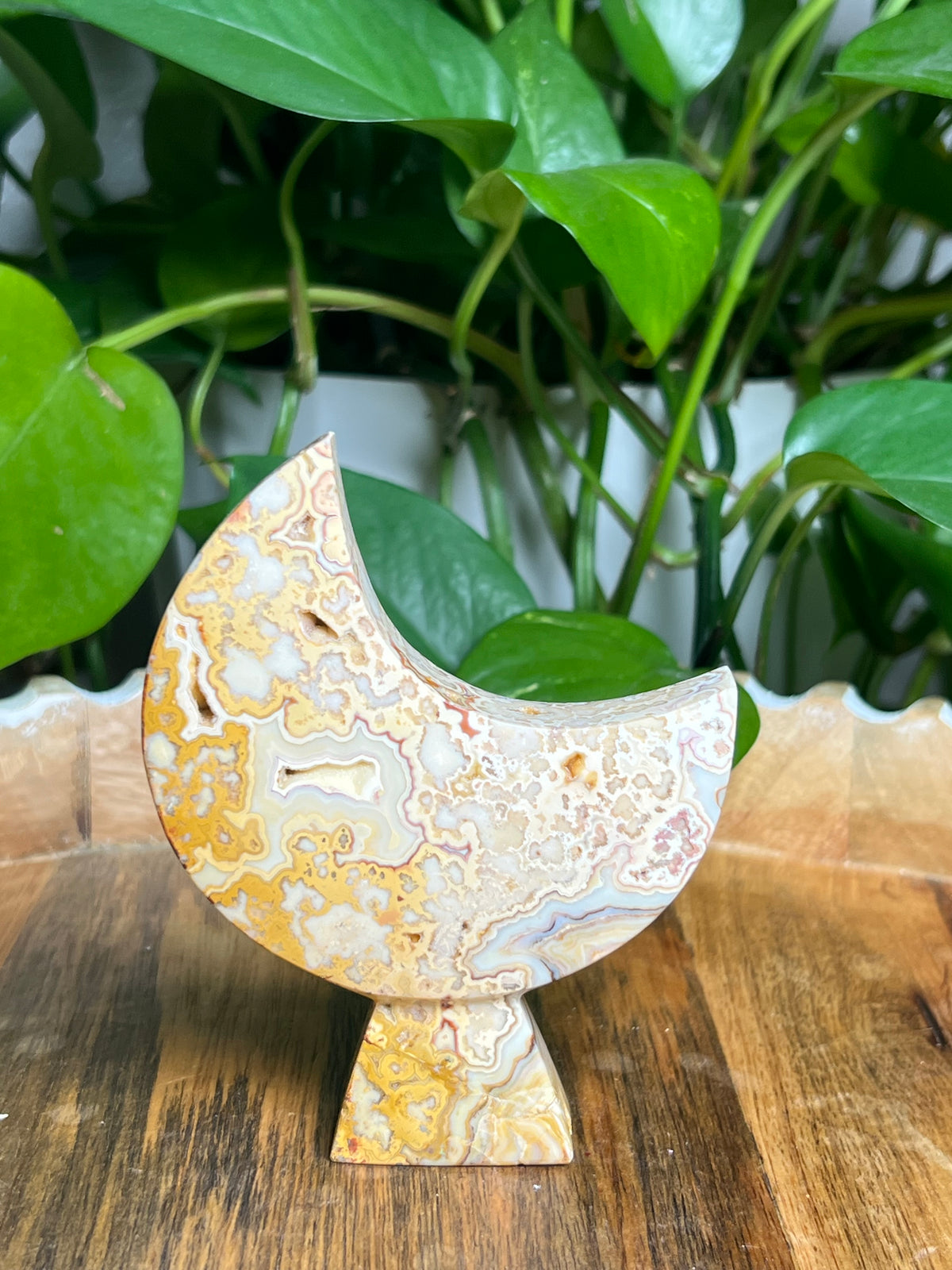 Yellow Crazy Lace Agate Self-Standing Moon: A