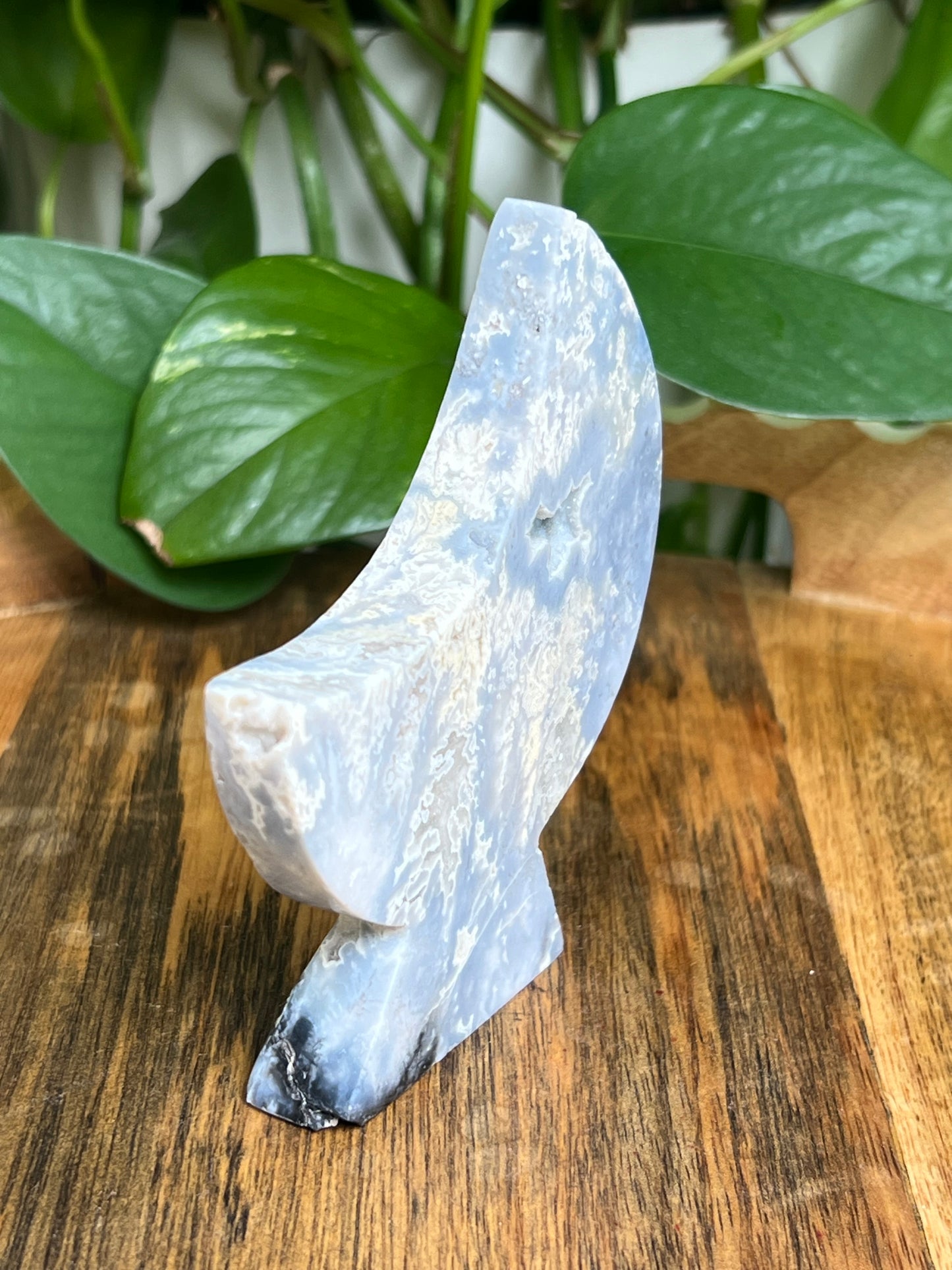 Blue Plume Agate Self-Standing Moon: LD