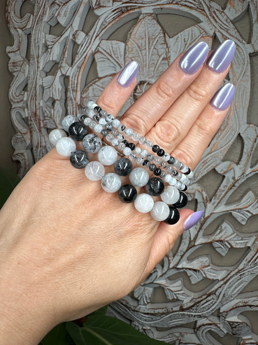 Black Tourmaline in Quartz Beaded Bracelet
