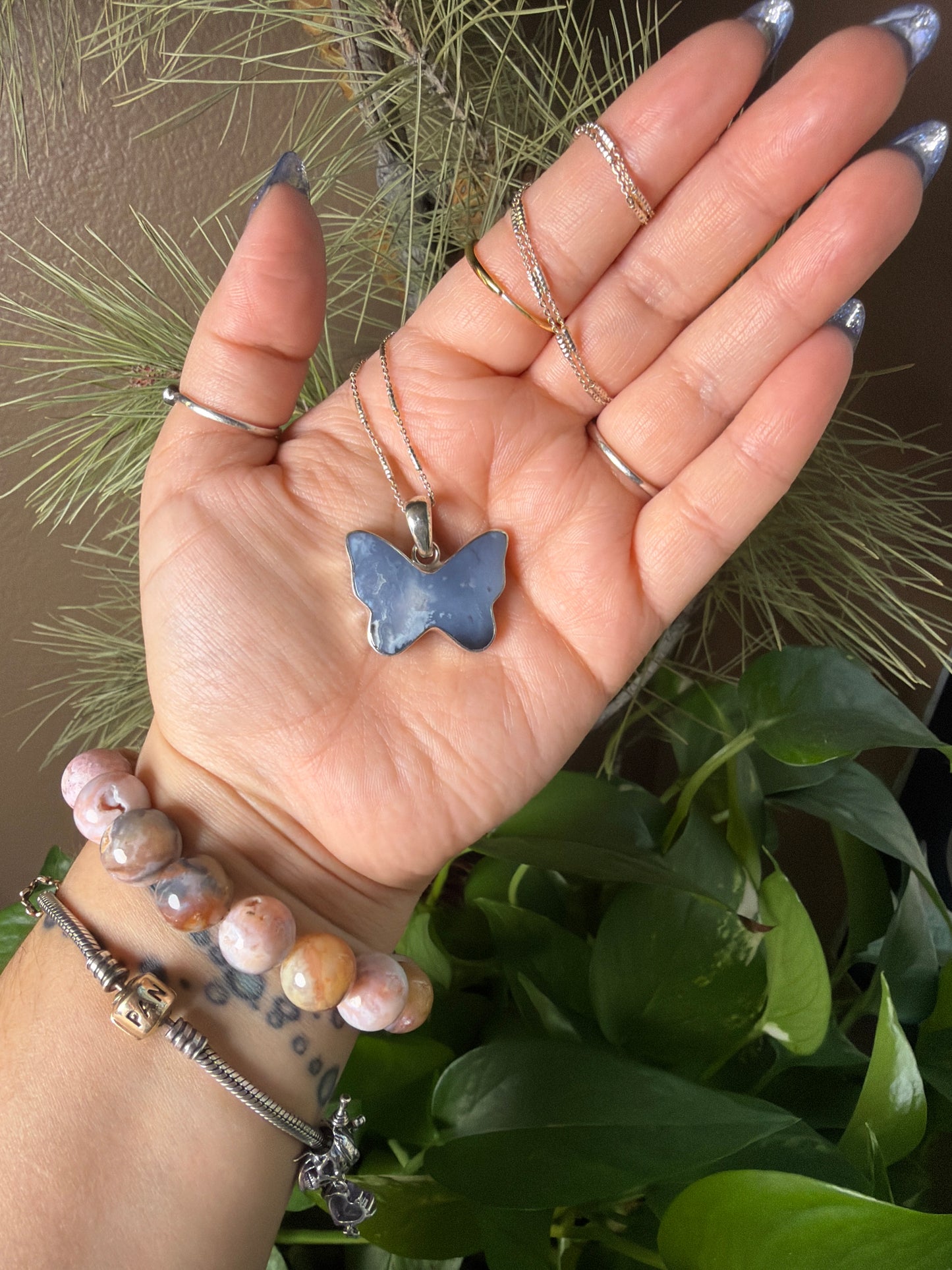 Blue Plume Agate Butterfly Necklace