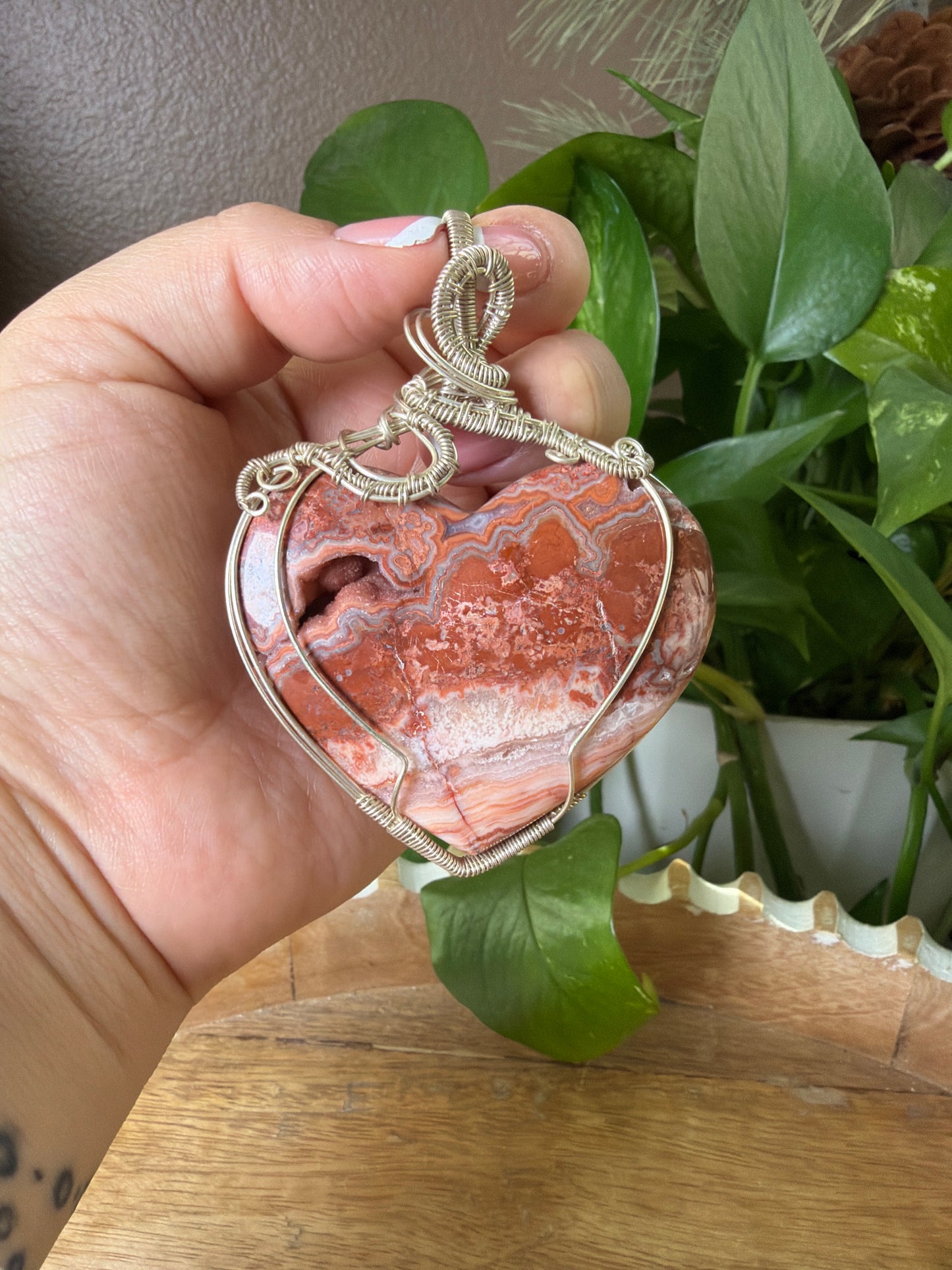 Large Crazy Lace Agate Heart Wire Wrapped Necklace