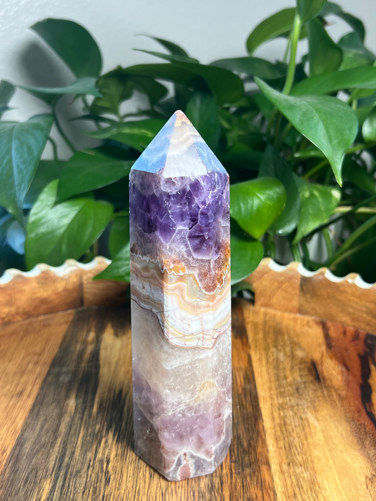Mexican Crazy Lace Agate Amethyst Tower: Q