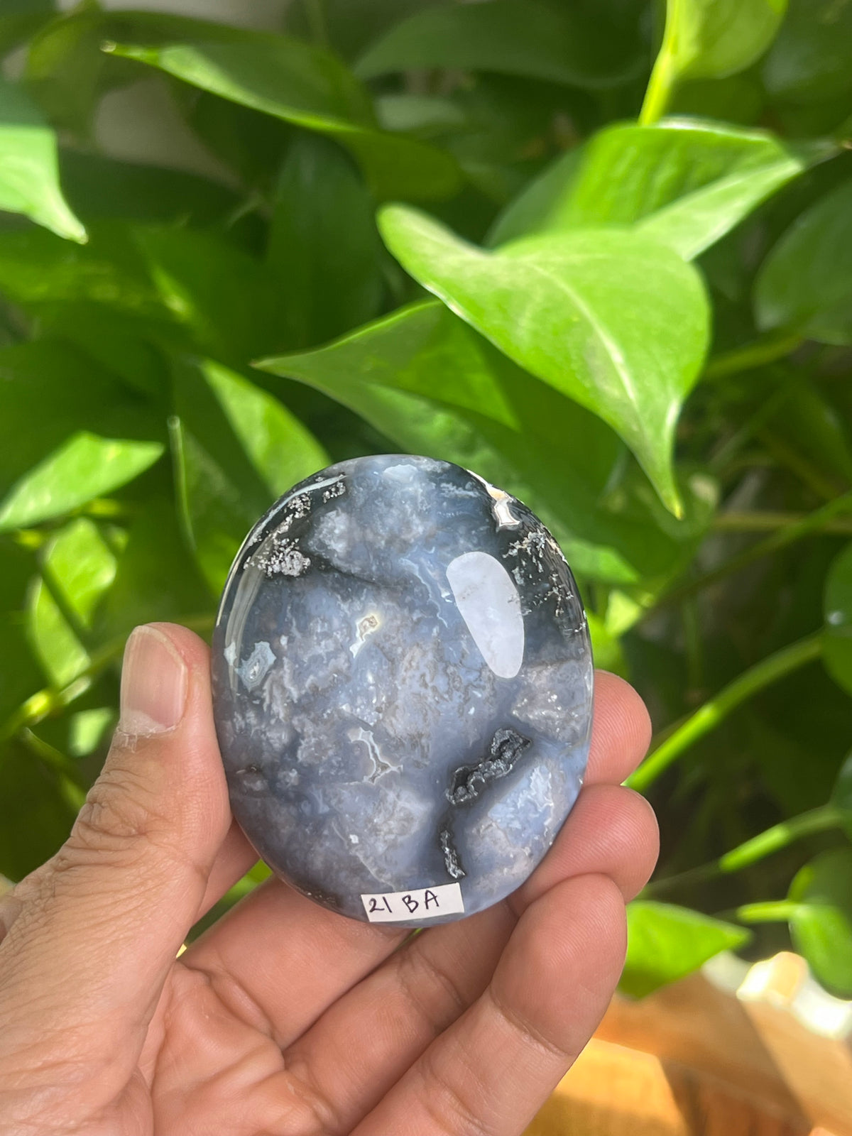 Blue Plume Agate Palmstone: BA