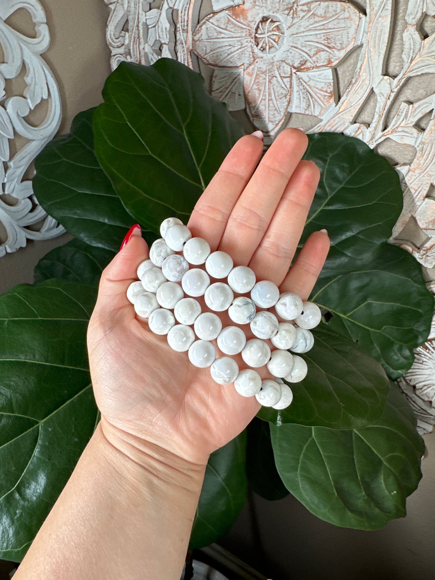White Snow Agate Beaded Bracelet (13mm)