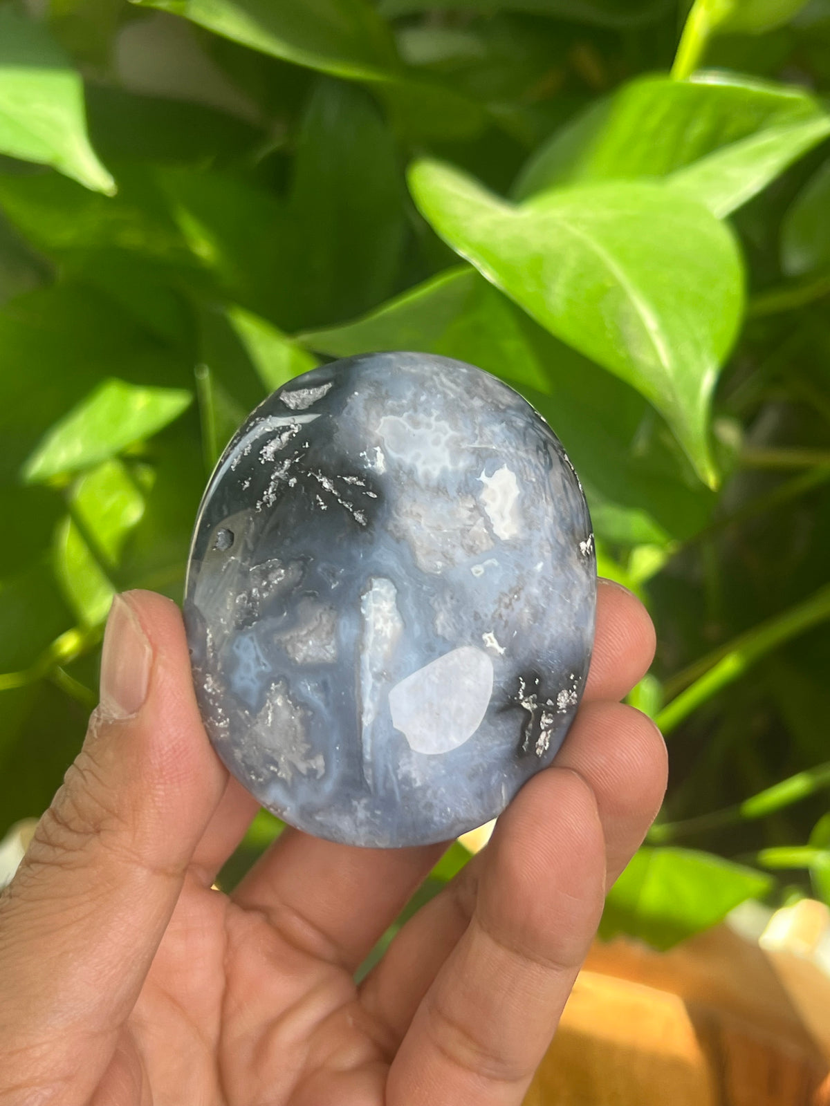 Blue Plume Agate Palmstone: BA