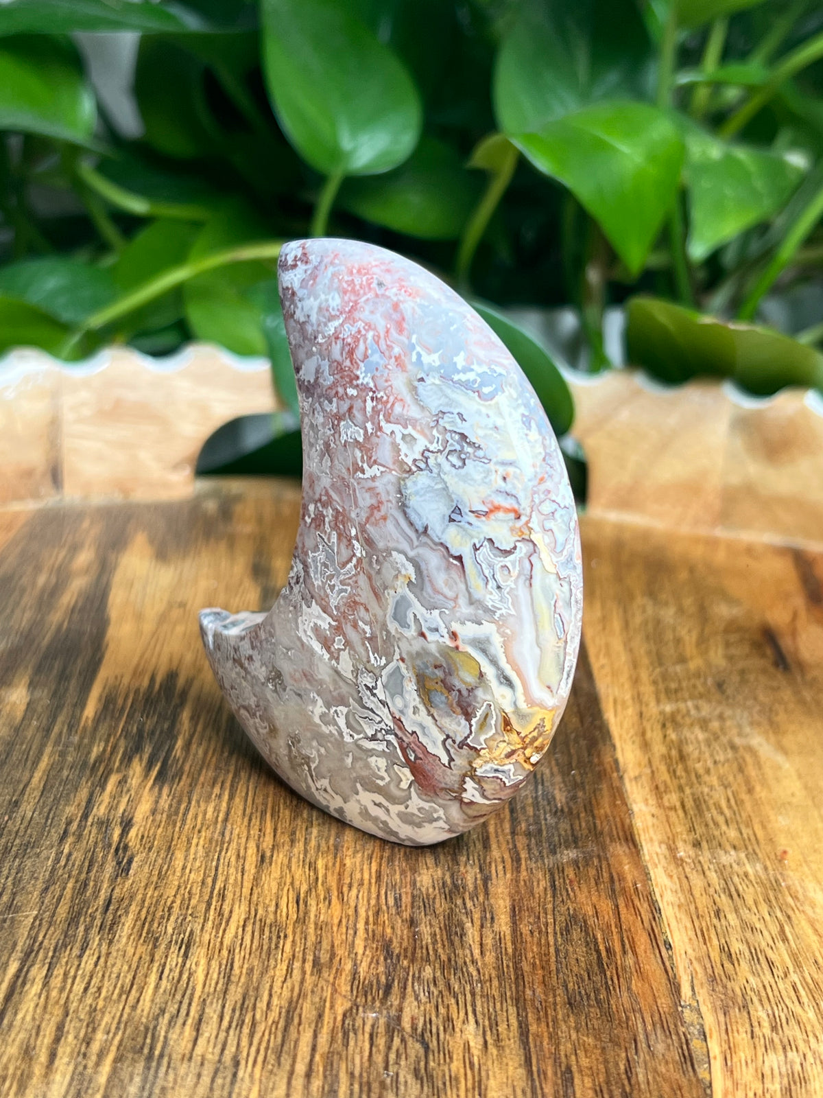 Sumatra Plume Agate Self-Standing Moon: SA