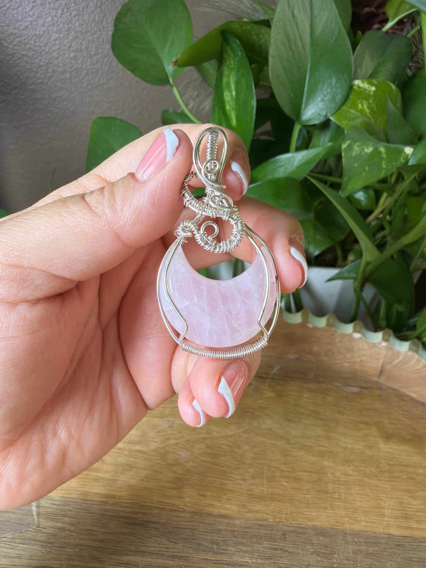 Rose Quartz Moon Wire Wrapped Necklace