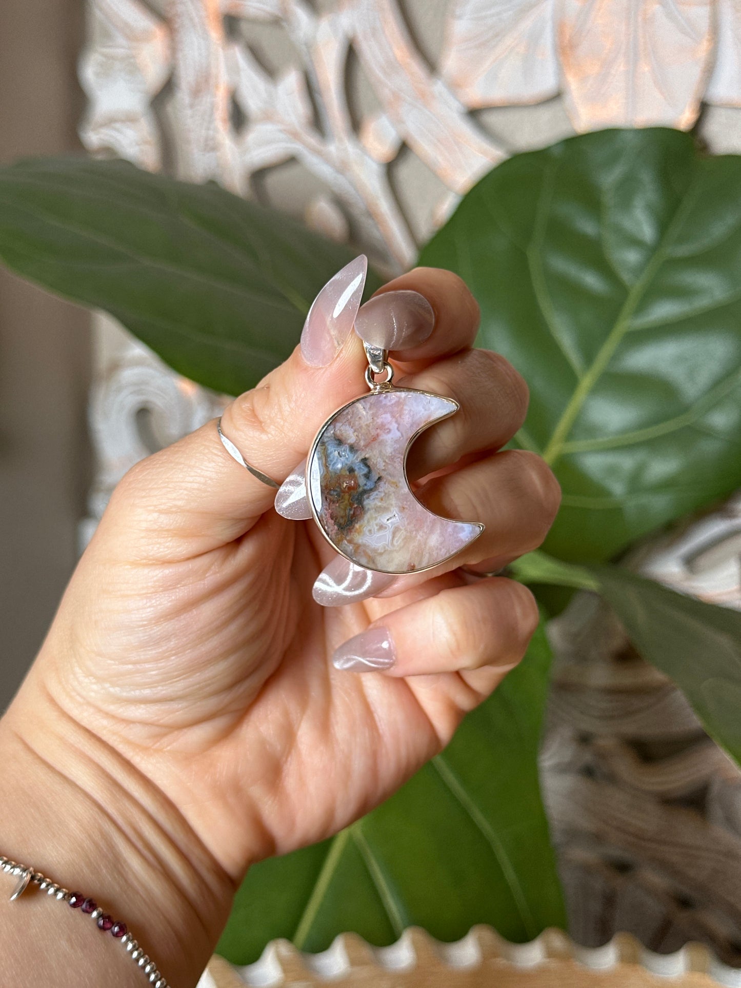 Rainbow Plume Agate Moon Pendant