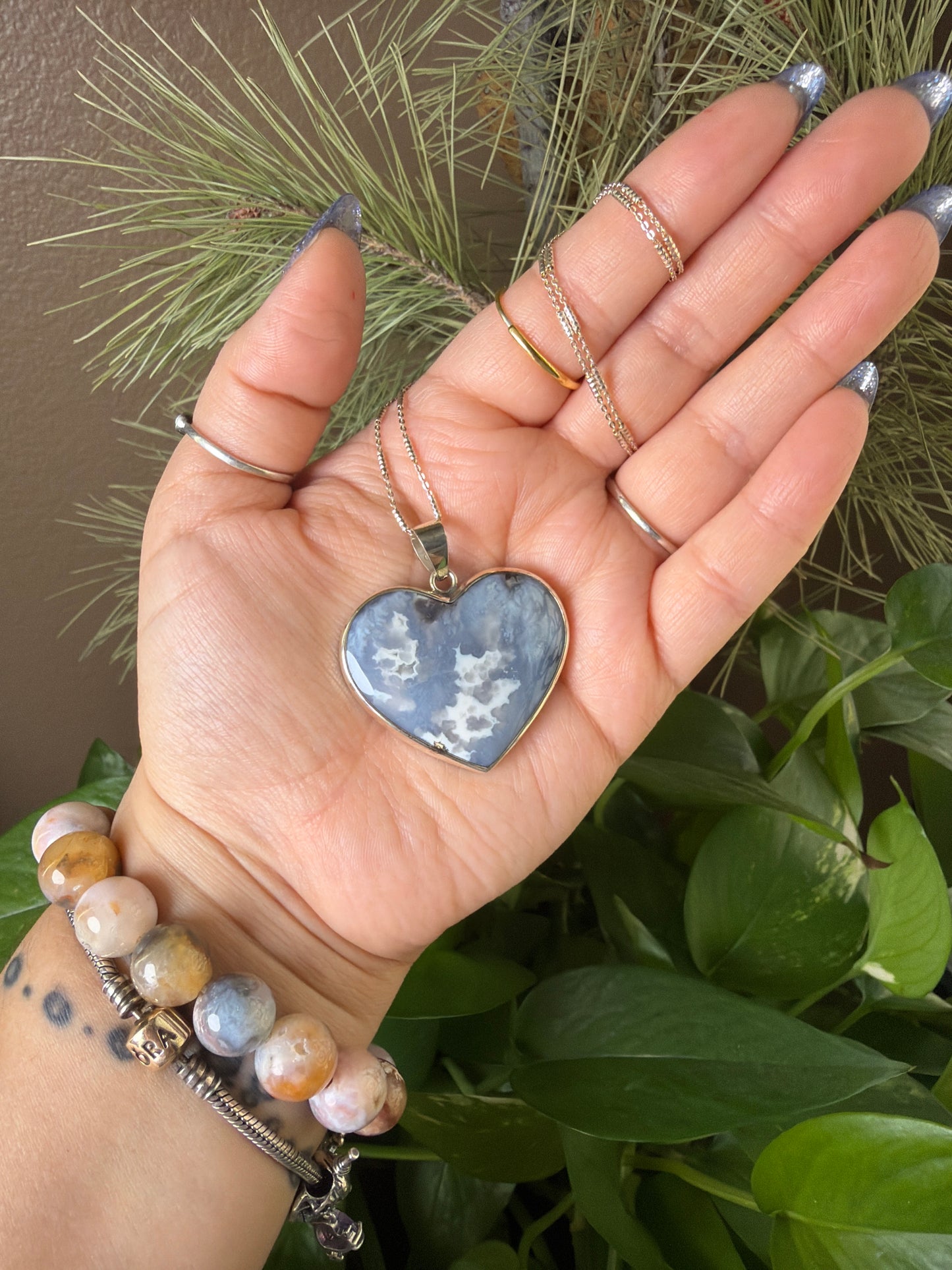 Blue Plume Agate Heart Necklace