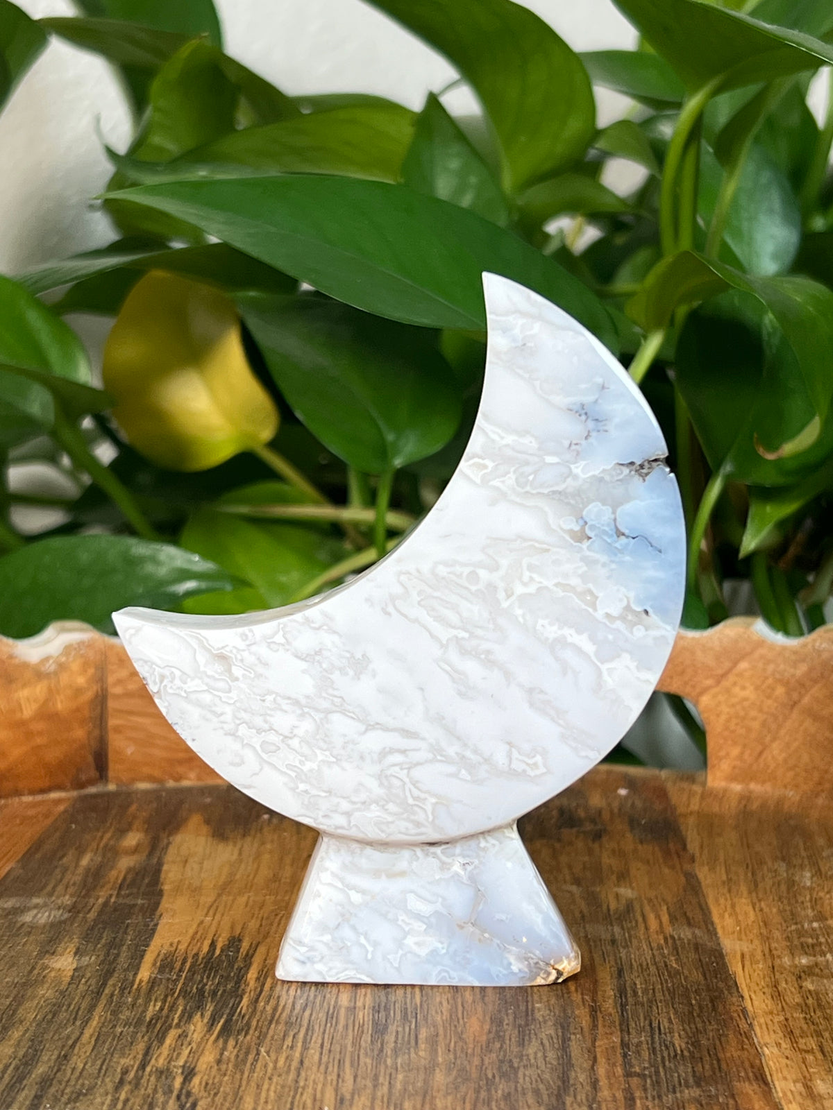 White Plume Agate Self Standing Moons