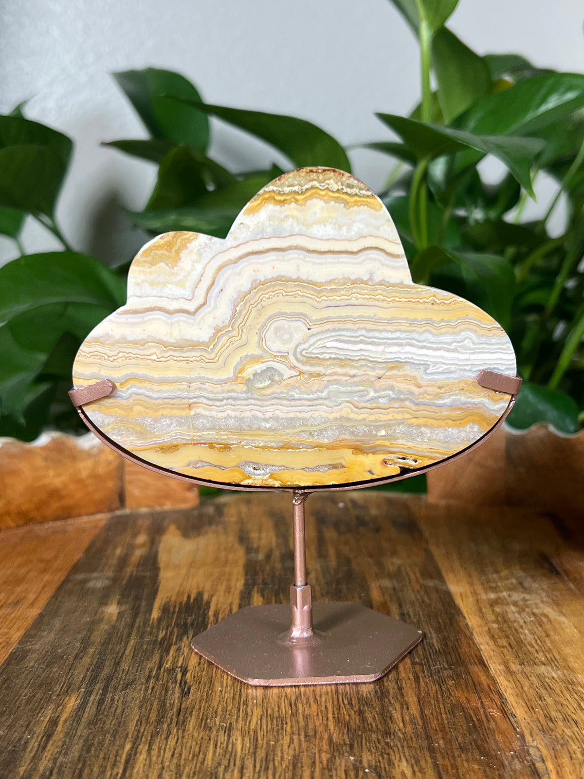 Yellow Crazy Lace Agate On Metal Stand Clouds