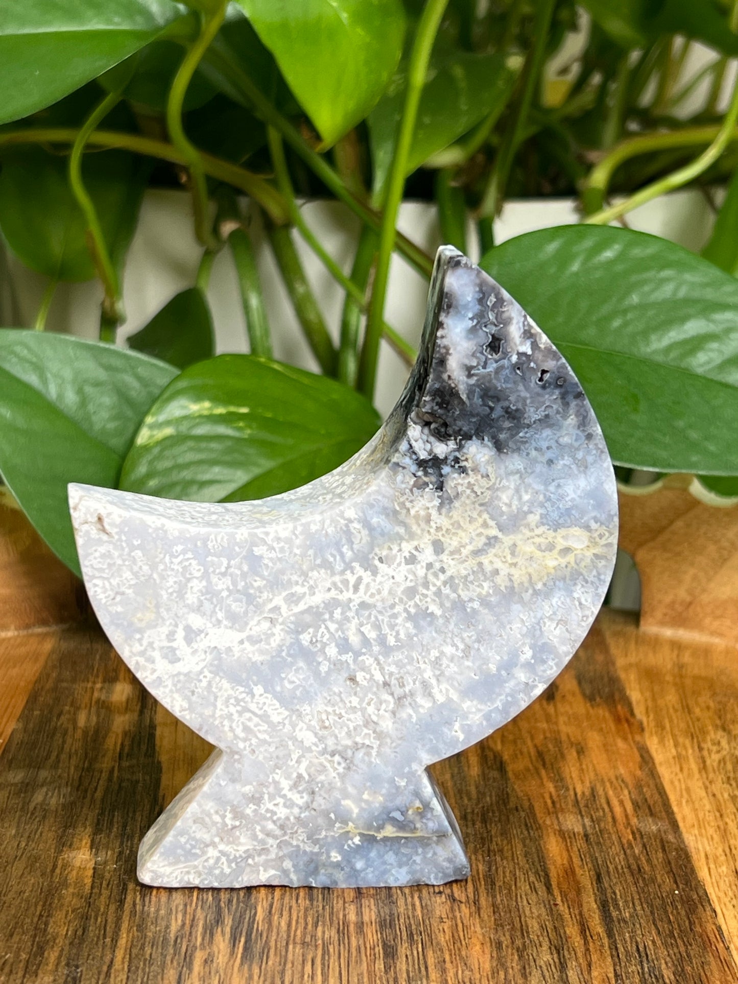 Blue Plume Agate Self-Standing Moon: LE