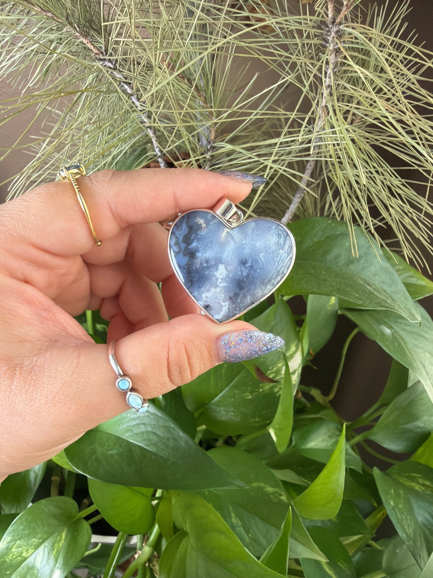 Blue Plume Agate Heart Necklace