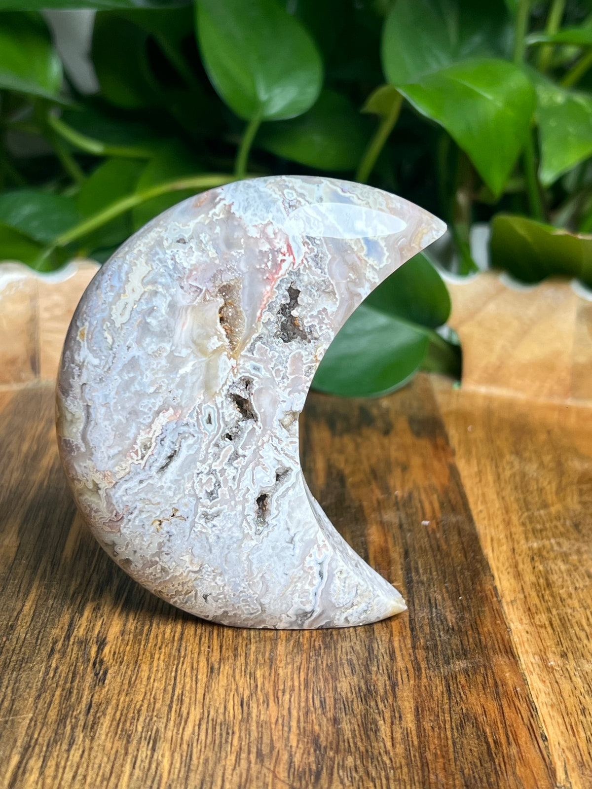 Sumatra Plume Agate Self-Standing Moon: SC