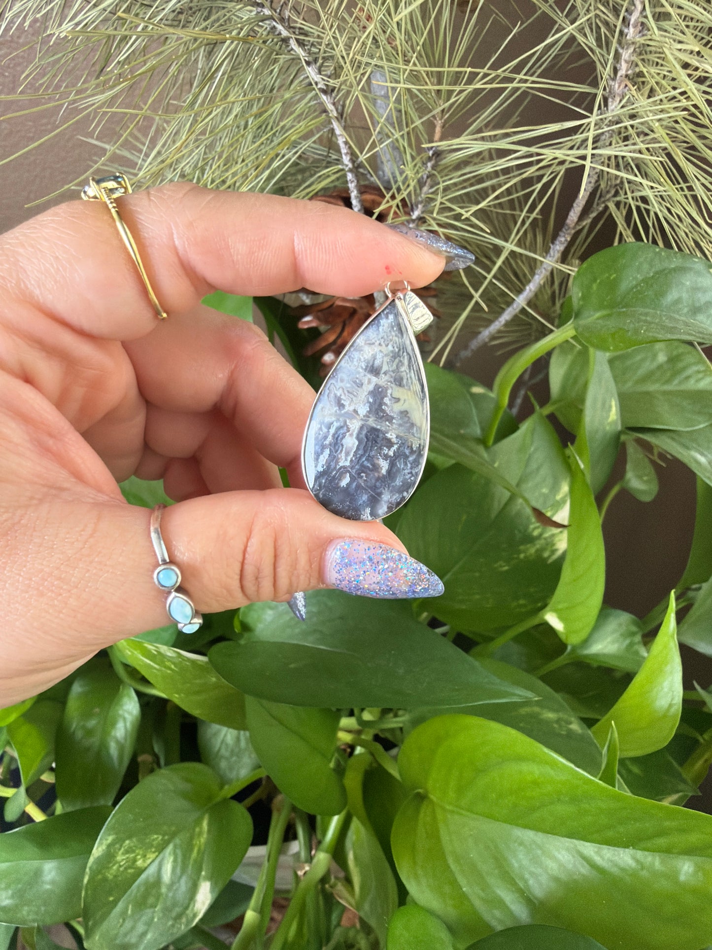 Blue Plume Agate Teardrop Necklace