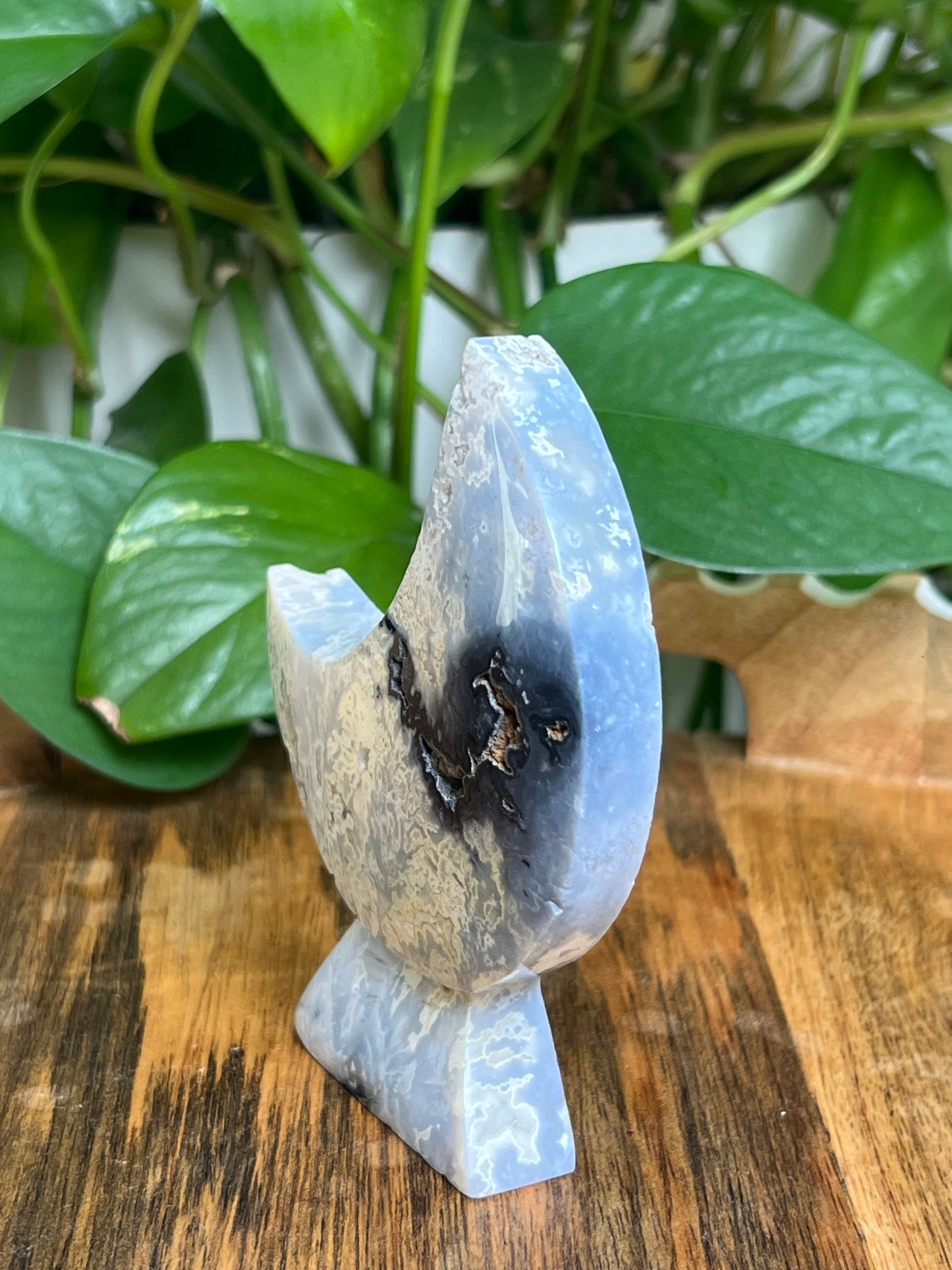 Blue Plume Agate Self-Standing Moon: LB