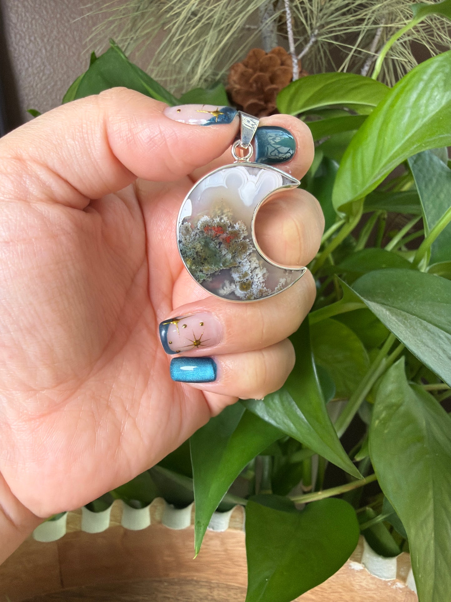 Scenic Moss Agate Moon Pendant
