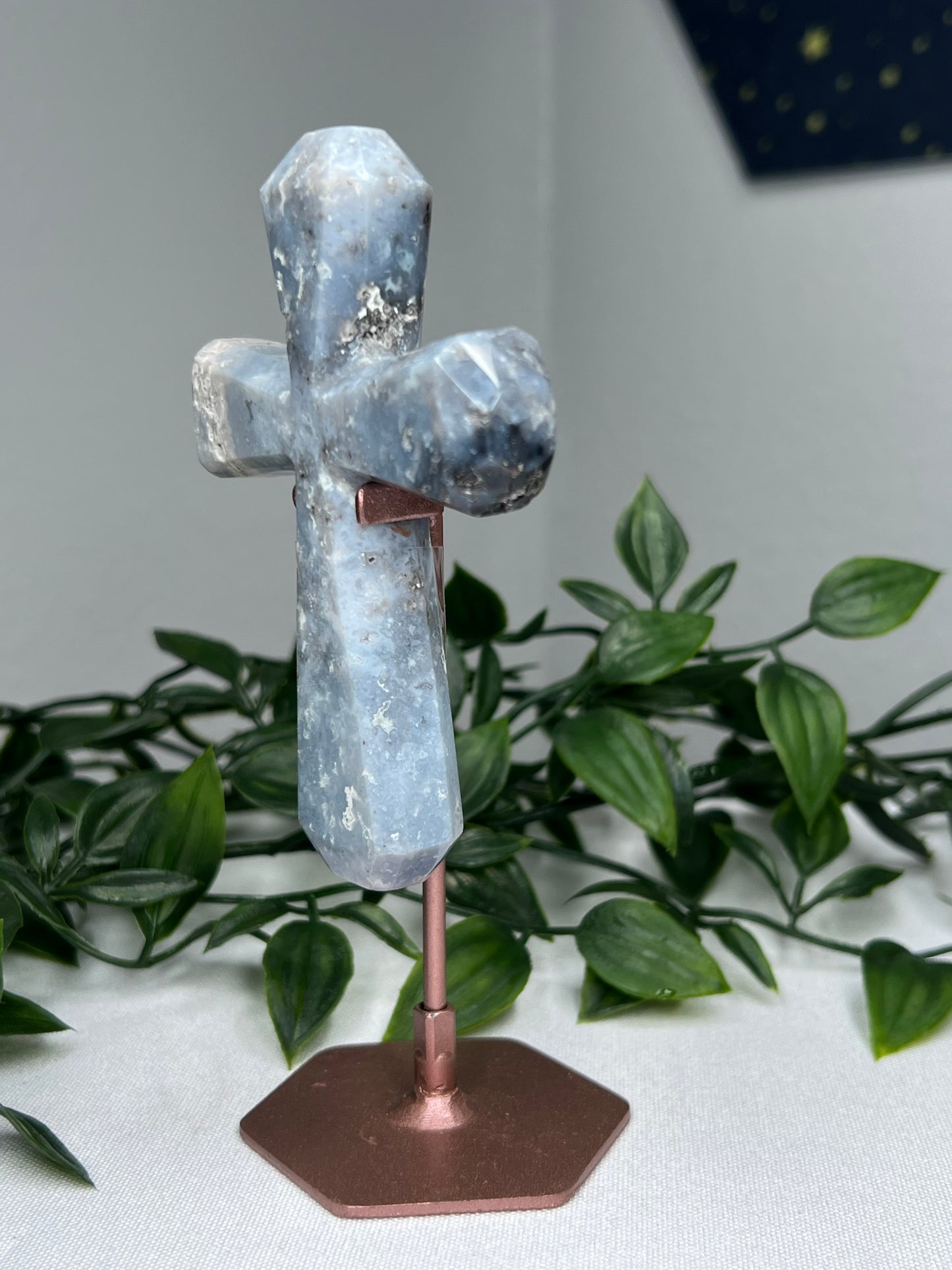 Blue Plume Agate Cross