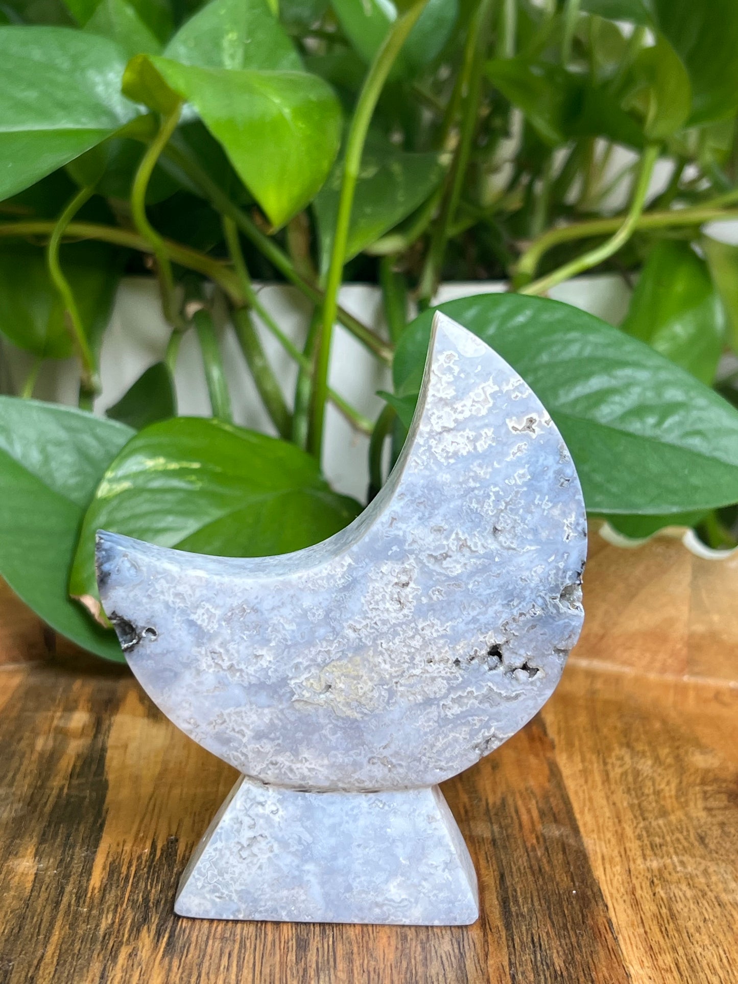 Blue Plume Agate Self-Standing Moon: MD
