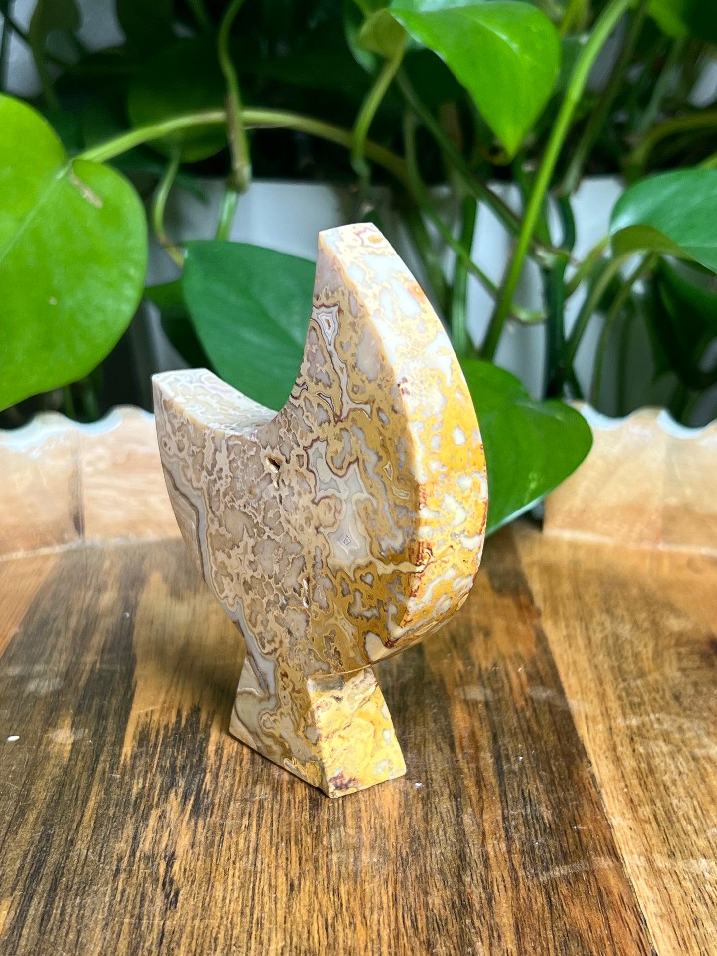 Yellow Crazy Lace Agate Self-Standing Moon: A